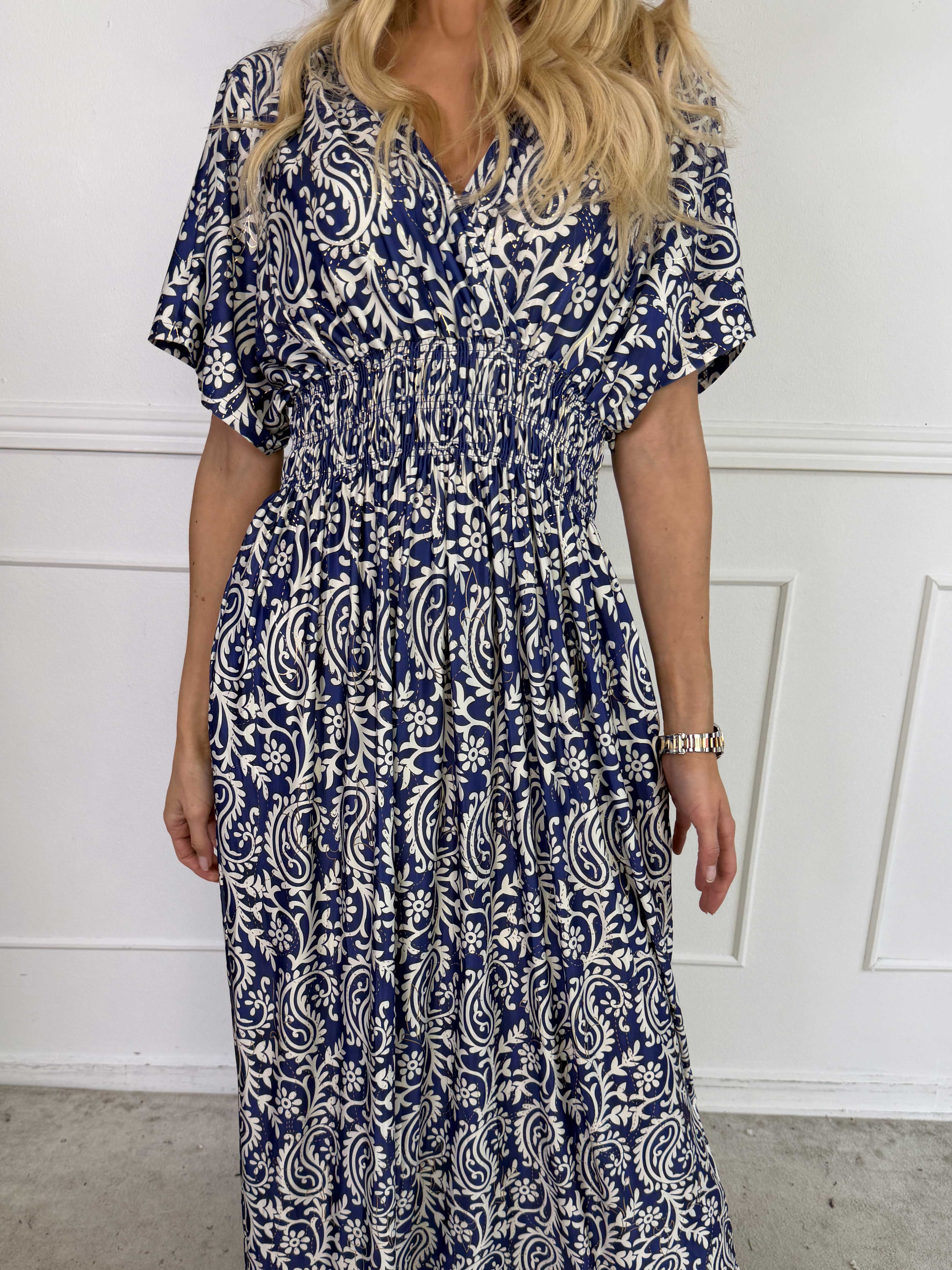 Pams Boteh - Lång stretchig mönstrad klänning med fickor