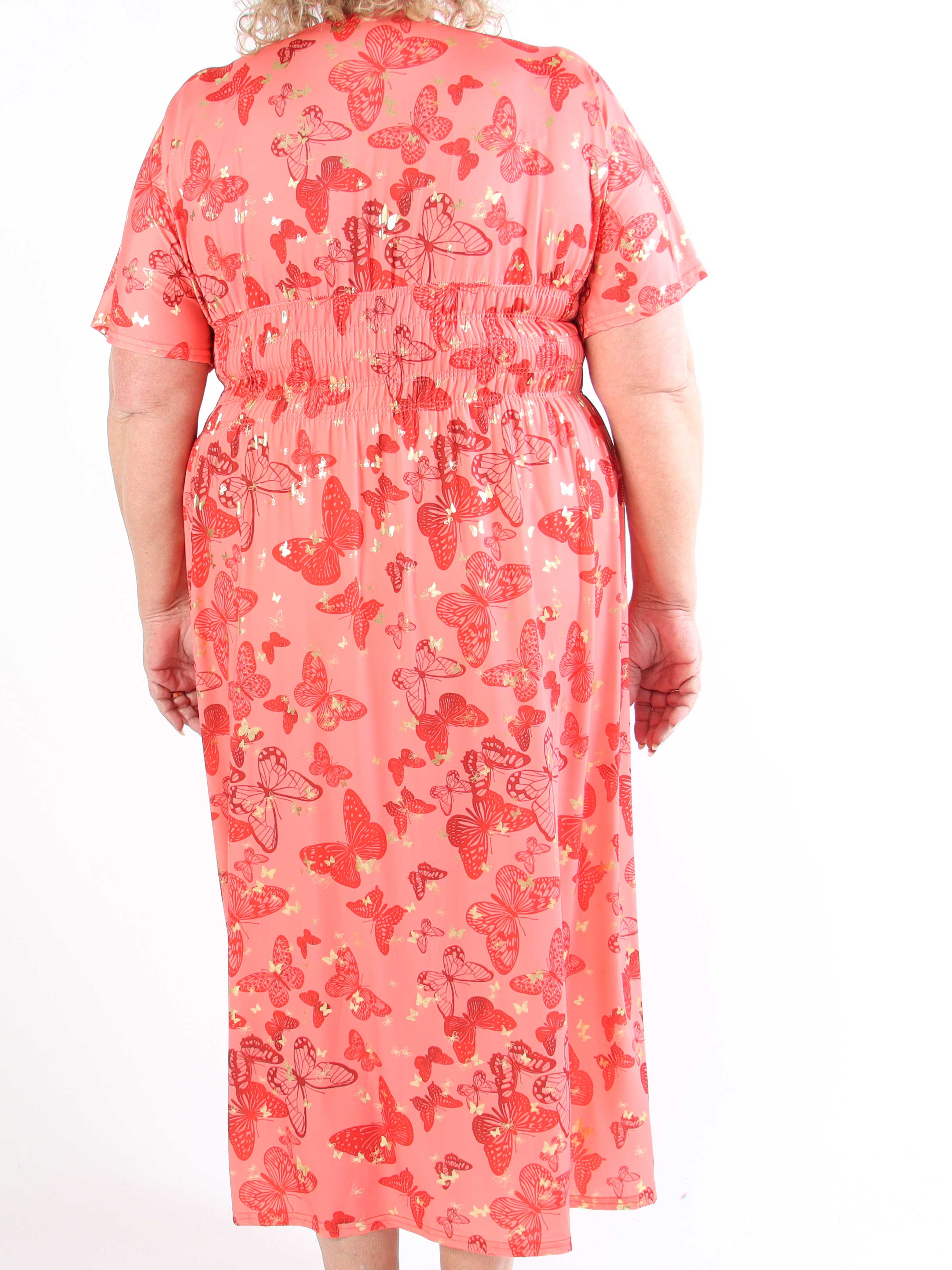 Pams Butterfly - Lång elastisk plus size-klänning med smockad midja