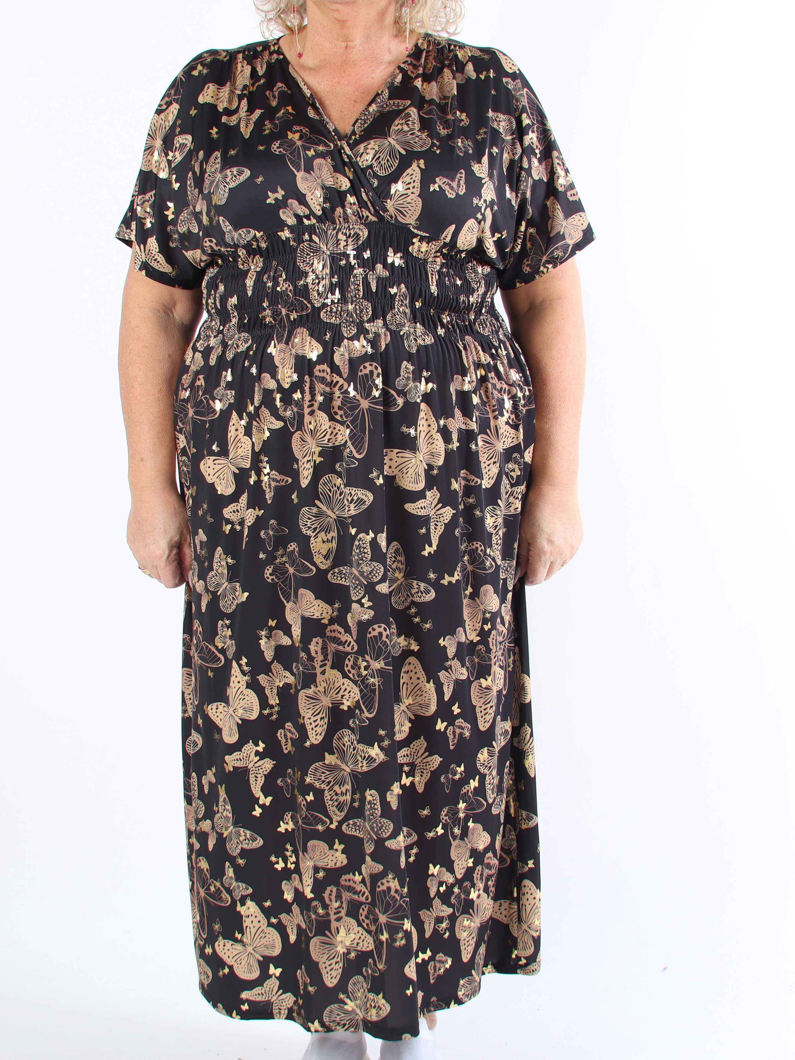 Pams Butterfly - Lång elastisk plus size-klänning med smockad midja