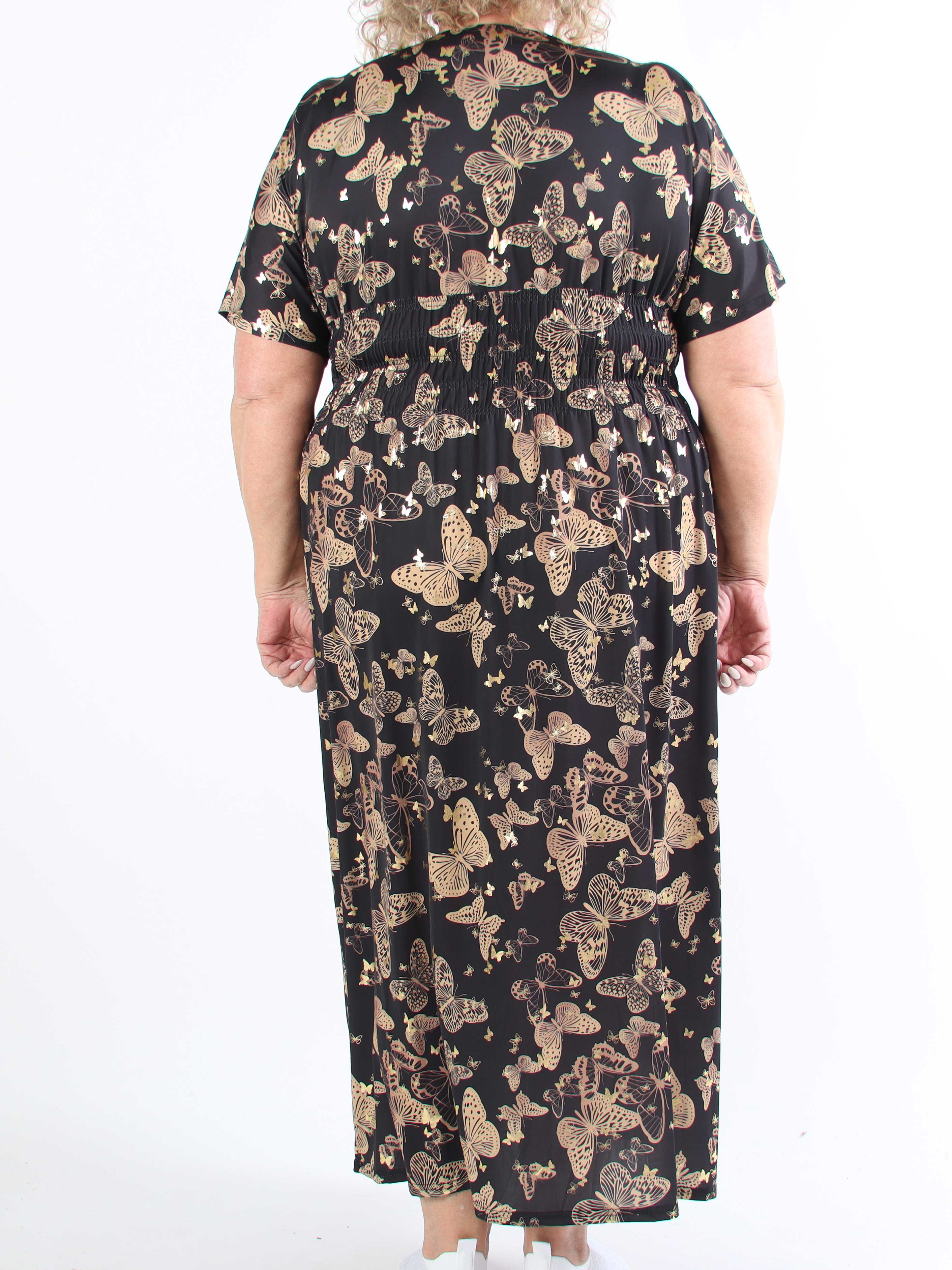 Pams Butterfly - Lång elastisk plus size-klänning med smockad midja