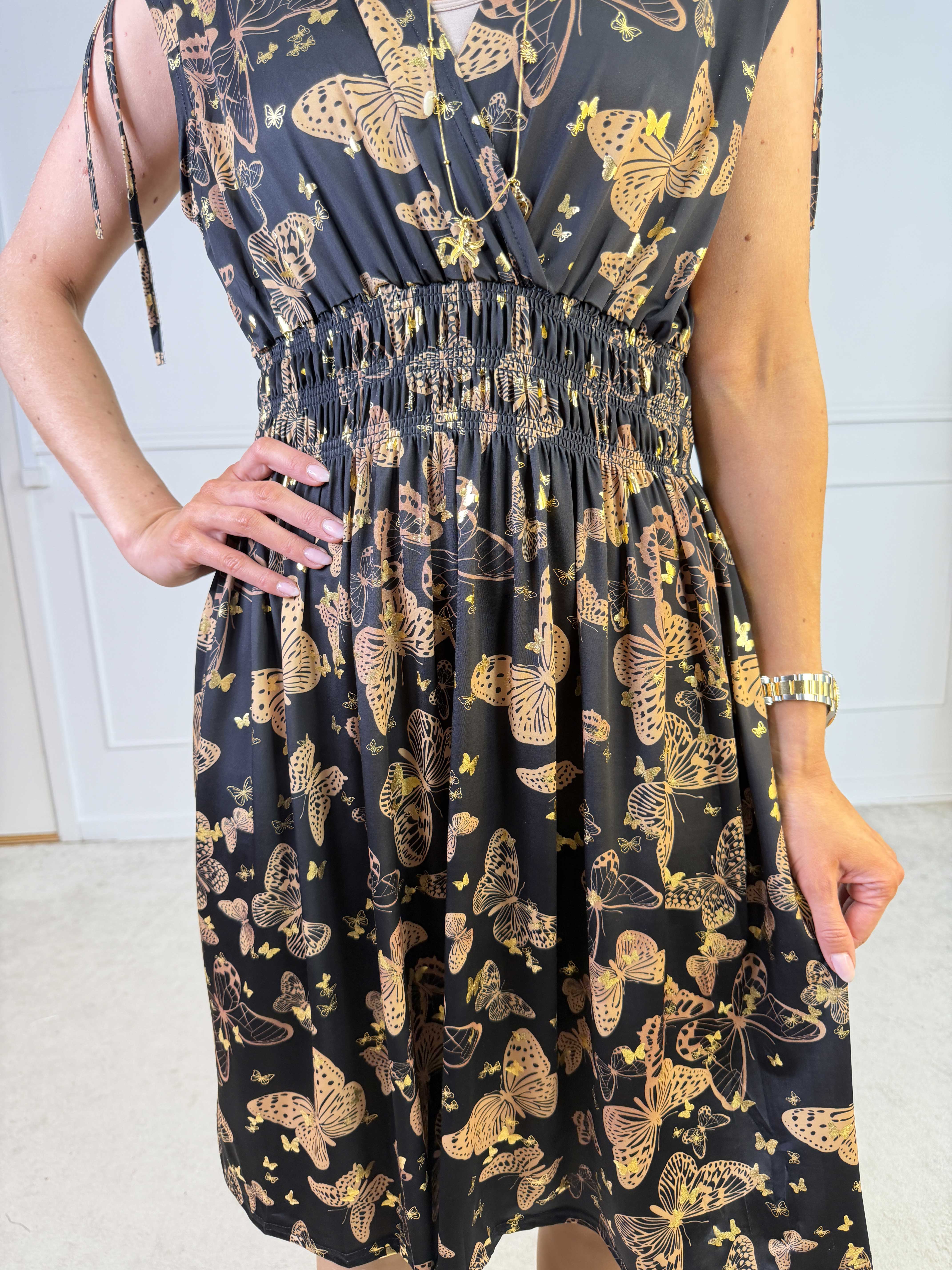 Pams Butterfly Sleeveless Short - Elastisk klänning med fjärilstryck och smock i midjan