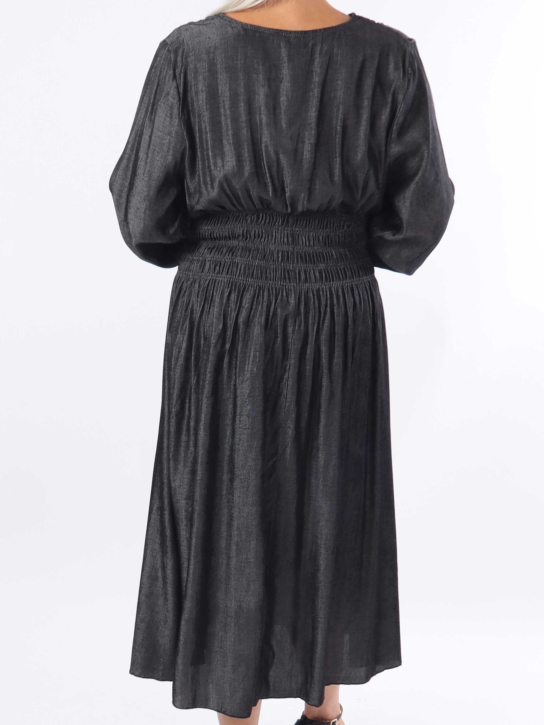 Pams Denim Midi L/S - Plus size klänning med smock i midjan