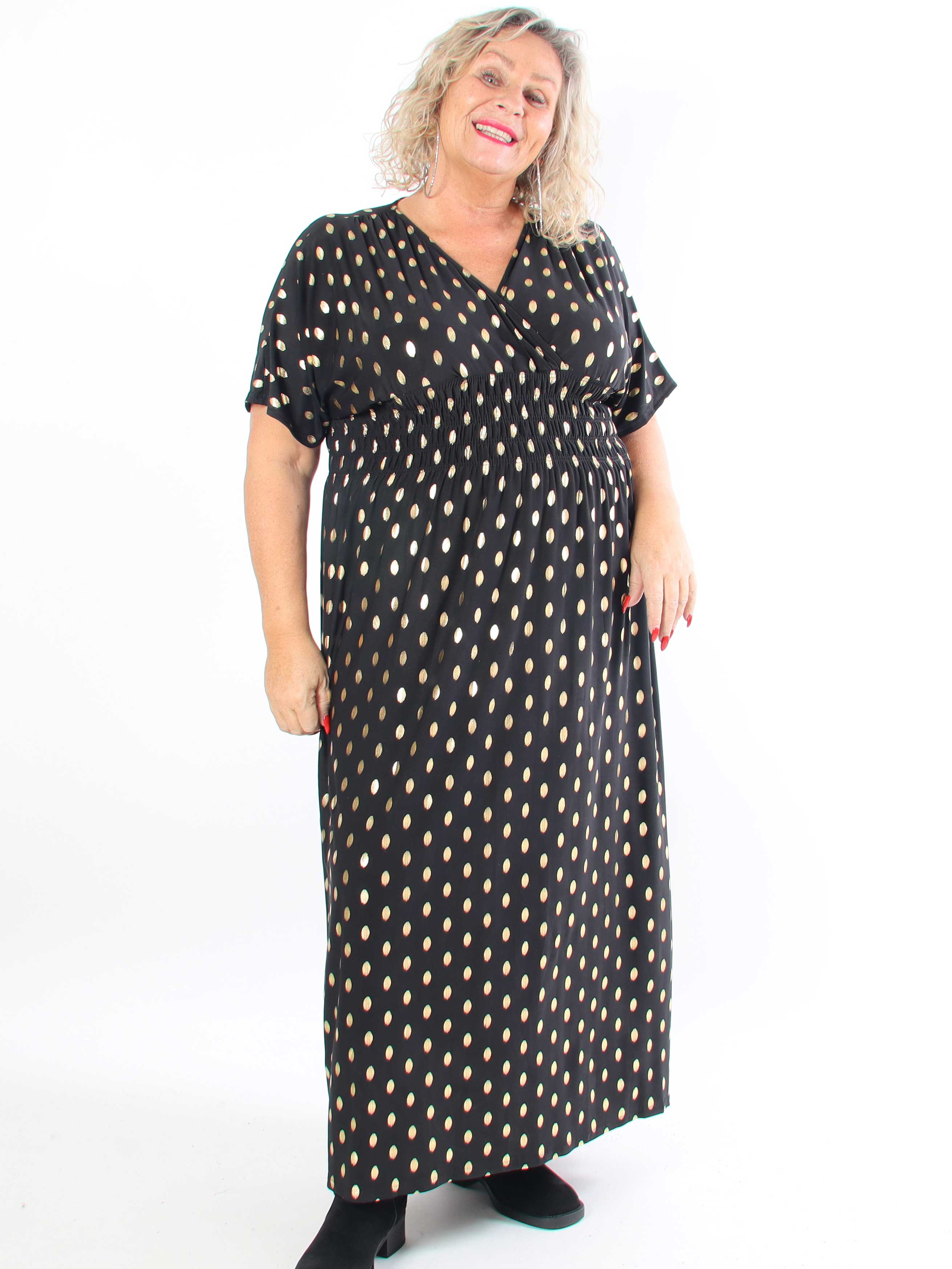 Pams Dot - Lång stretchig plus size-klänning med prickig detalj