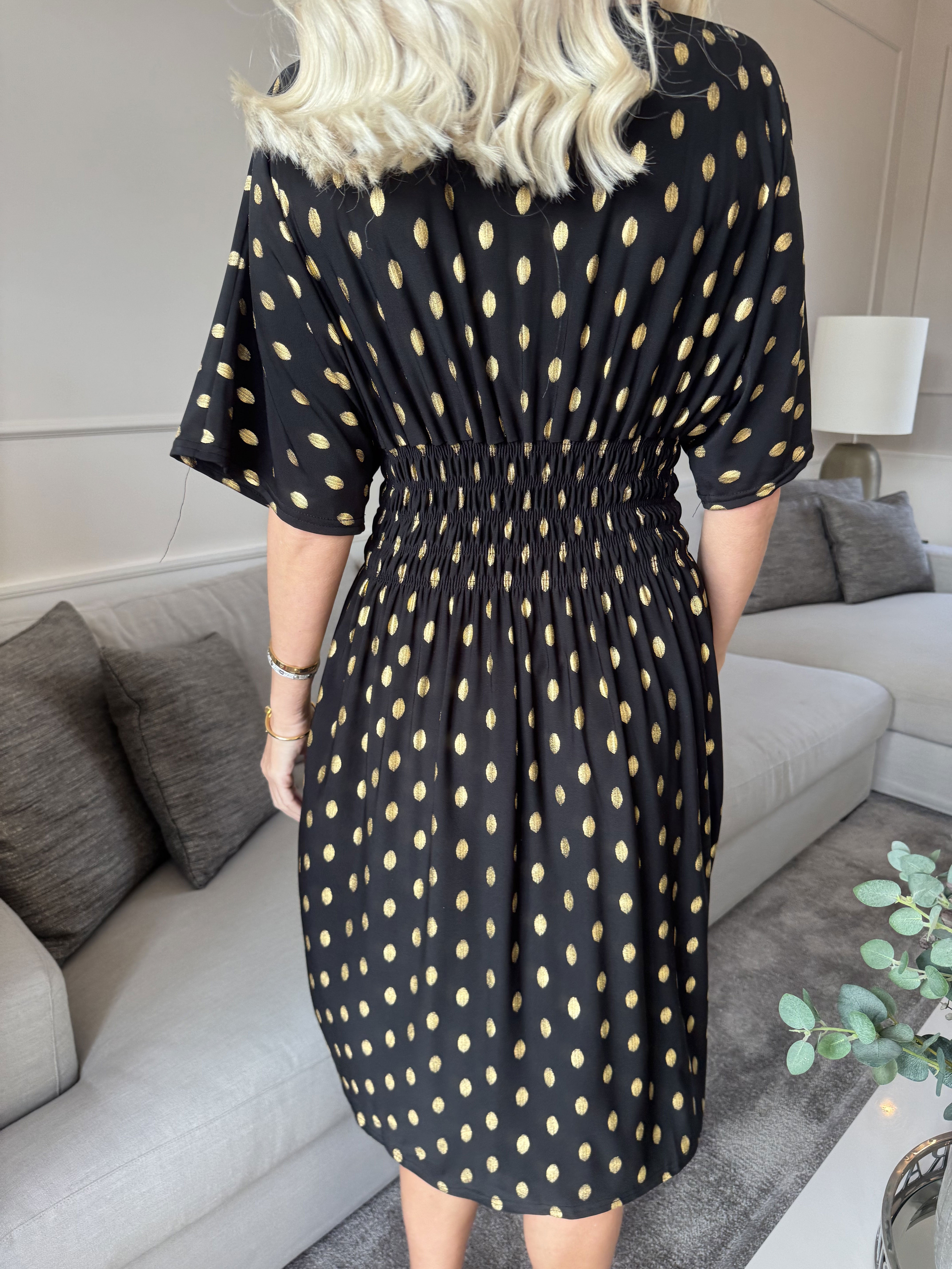 Pams Dot Short - Enfärgad elastisk klänning med guldprickar