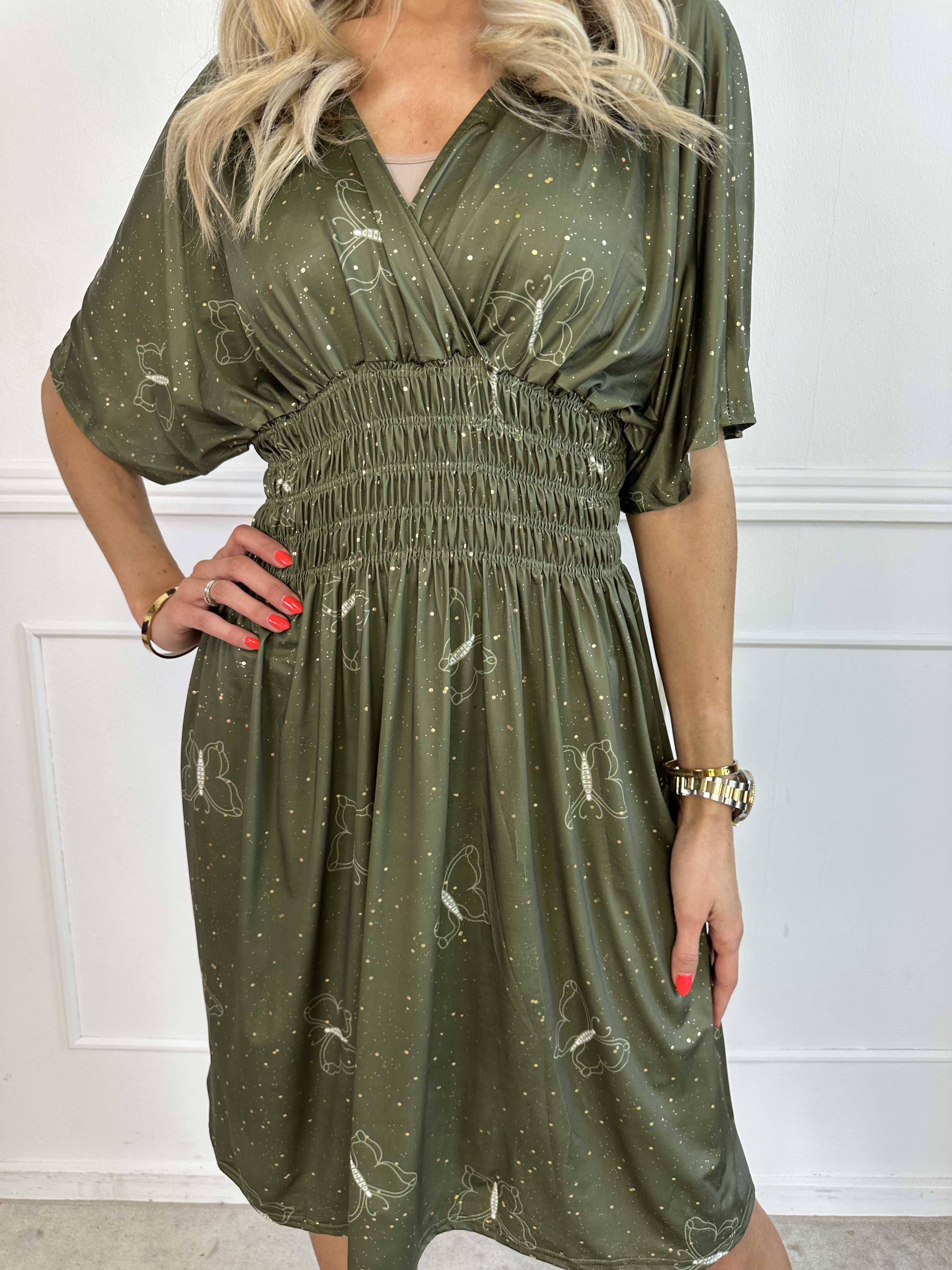 Pams Dust Short - Elastisk klänning med fjärilar och guldstoft