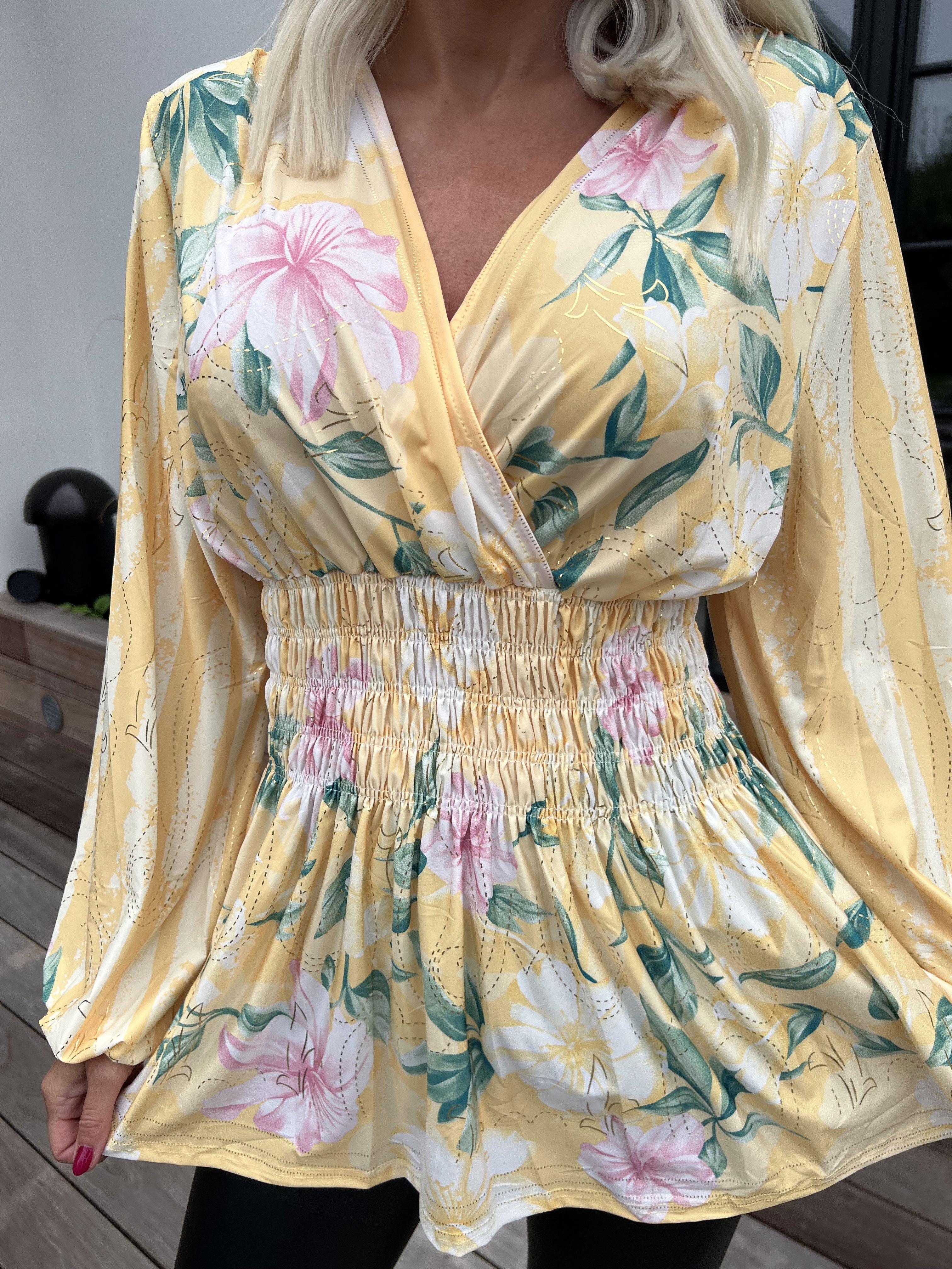 Pams Floral Stripe Shirt L/S - Elastisk blus med blommigt mönster och gulddetaljer