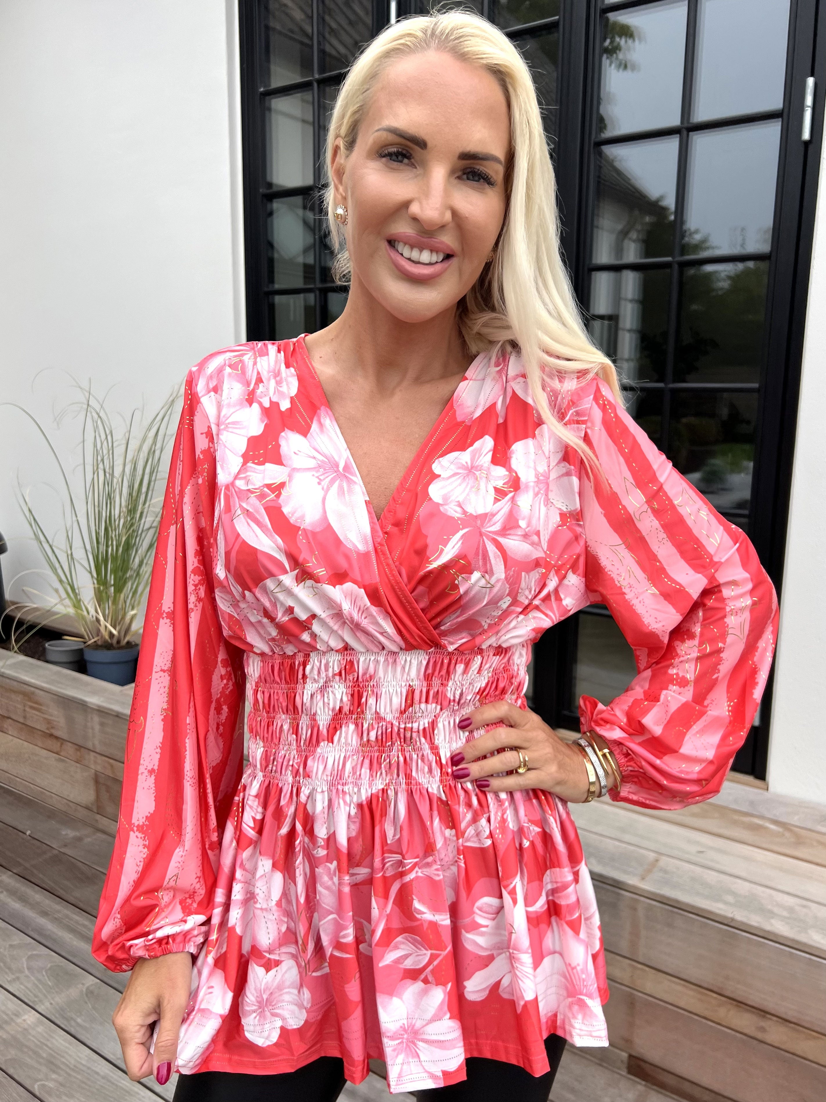 Pams Floral Stripe Shirt L/S - Elastisk blus med blommigt mönster och gulddetaljer