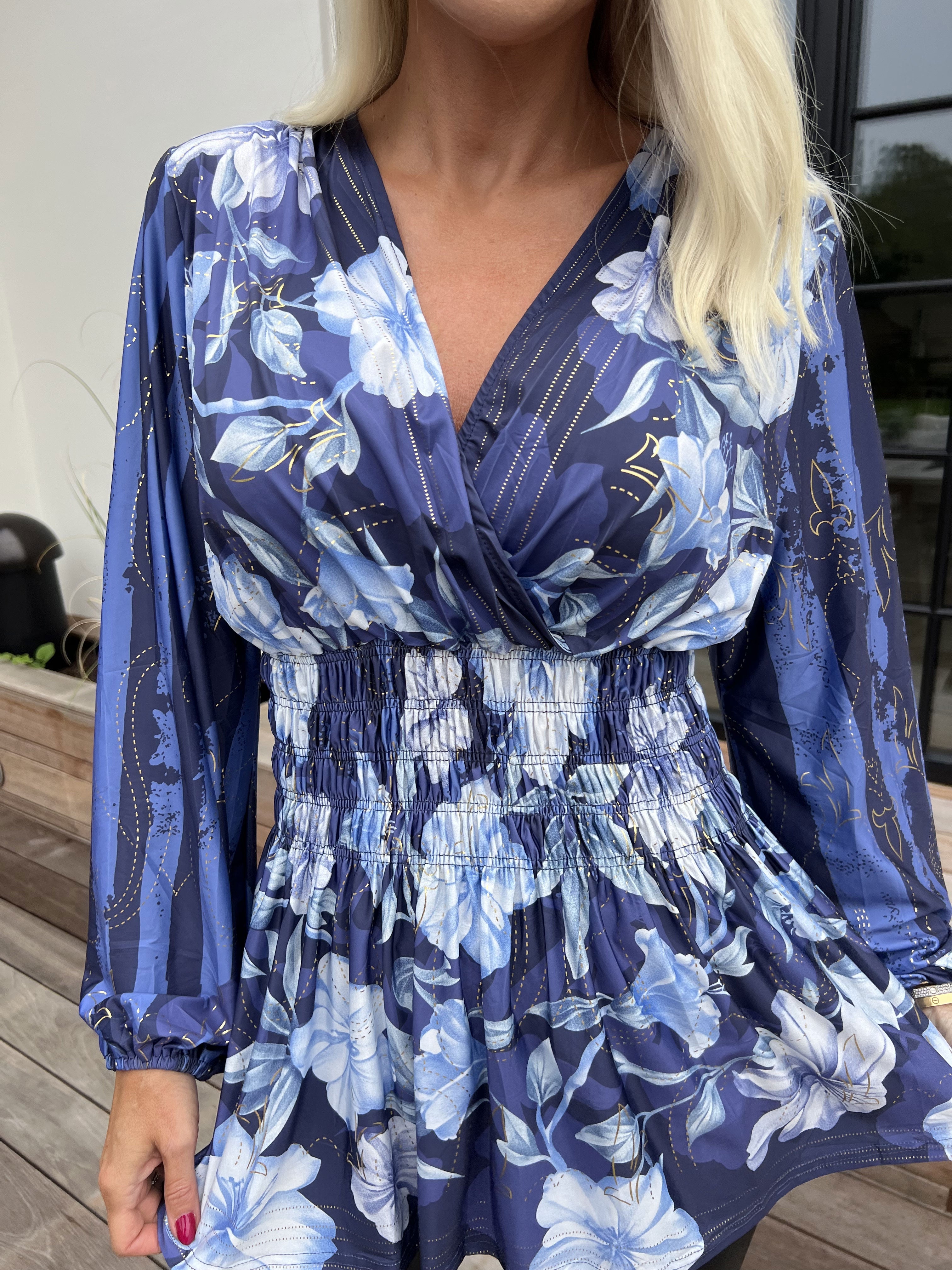 Pams Floral Stripe Shirt L/S - Elastisk blus med blommigt mönster och gulddetaljer