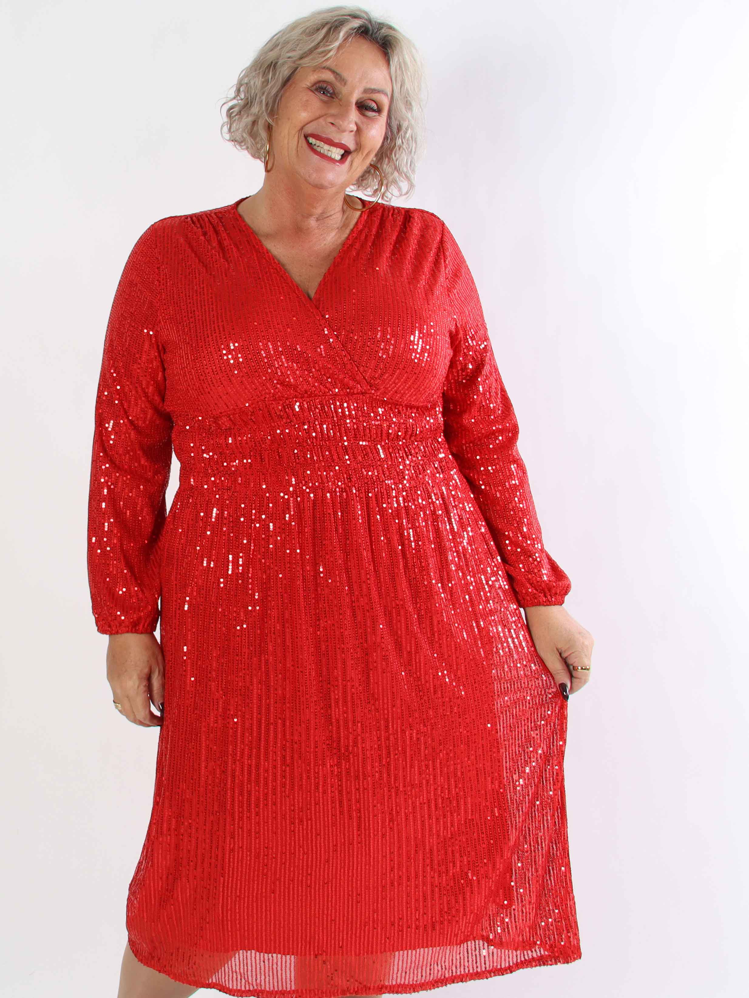 Pams Glitter Midi L/S - Plus size klänning med smock och paljetter