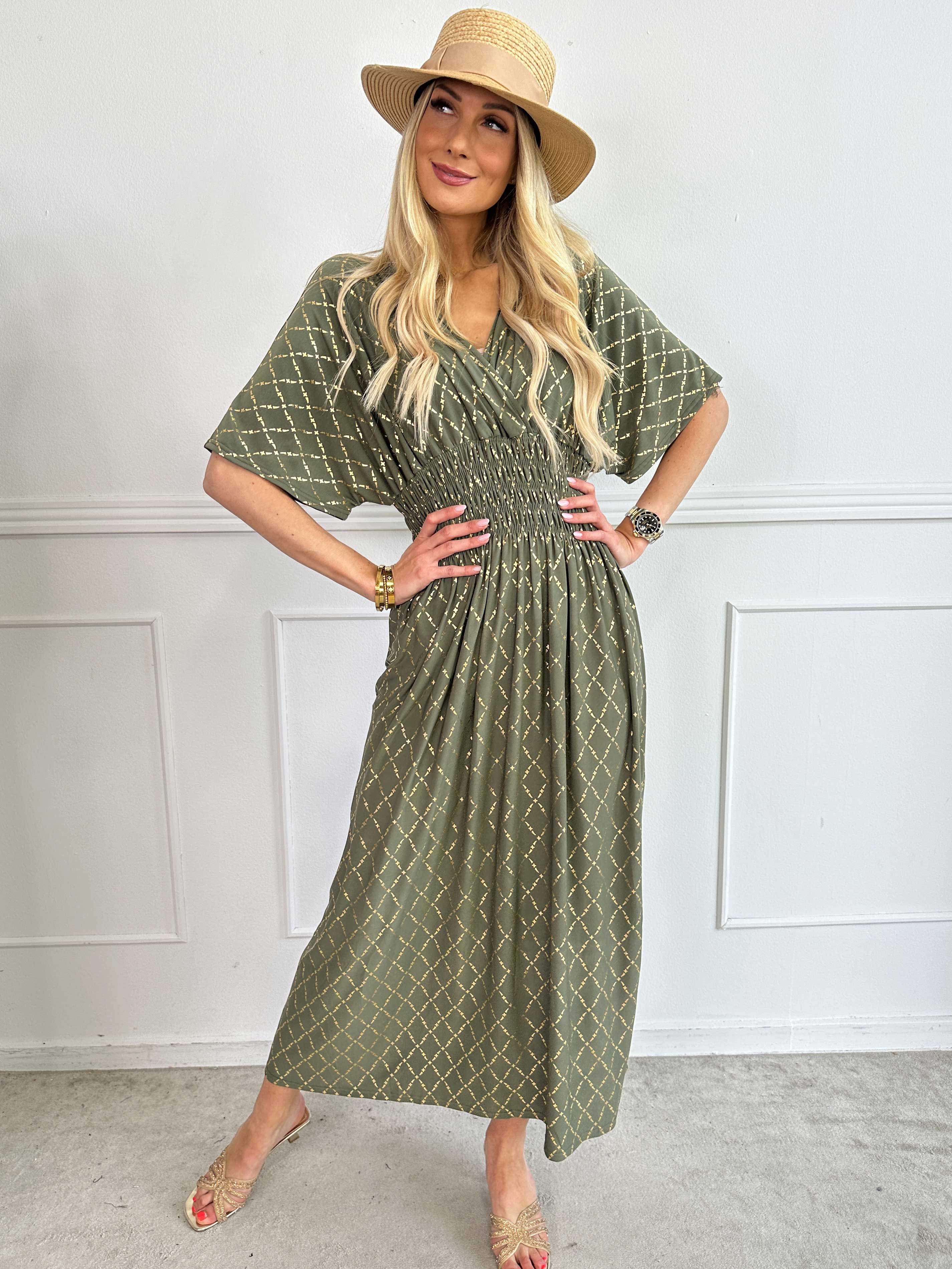 Pams Gold Check - Lång elastisk klänning med gulddetaljer