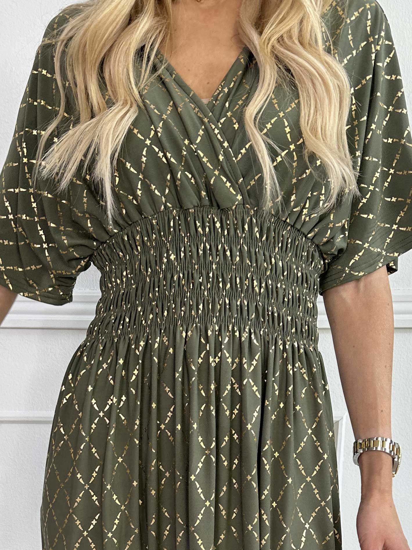 Pams Gold Check - Lång elastisk klänning med gulddetaljer