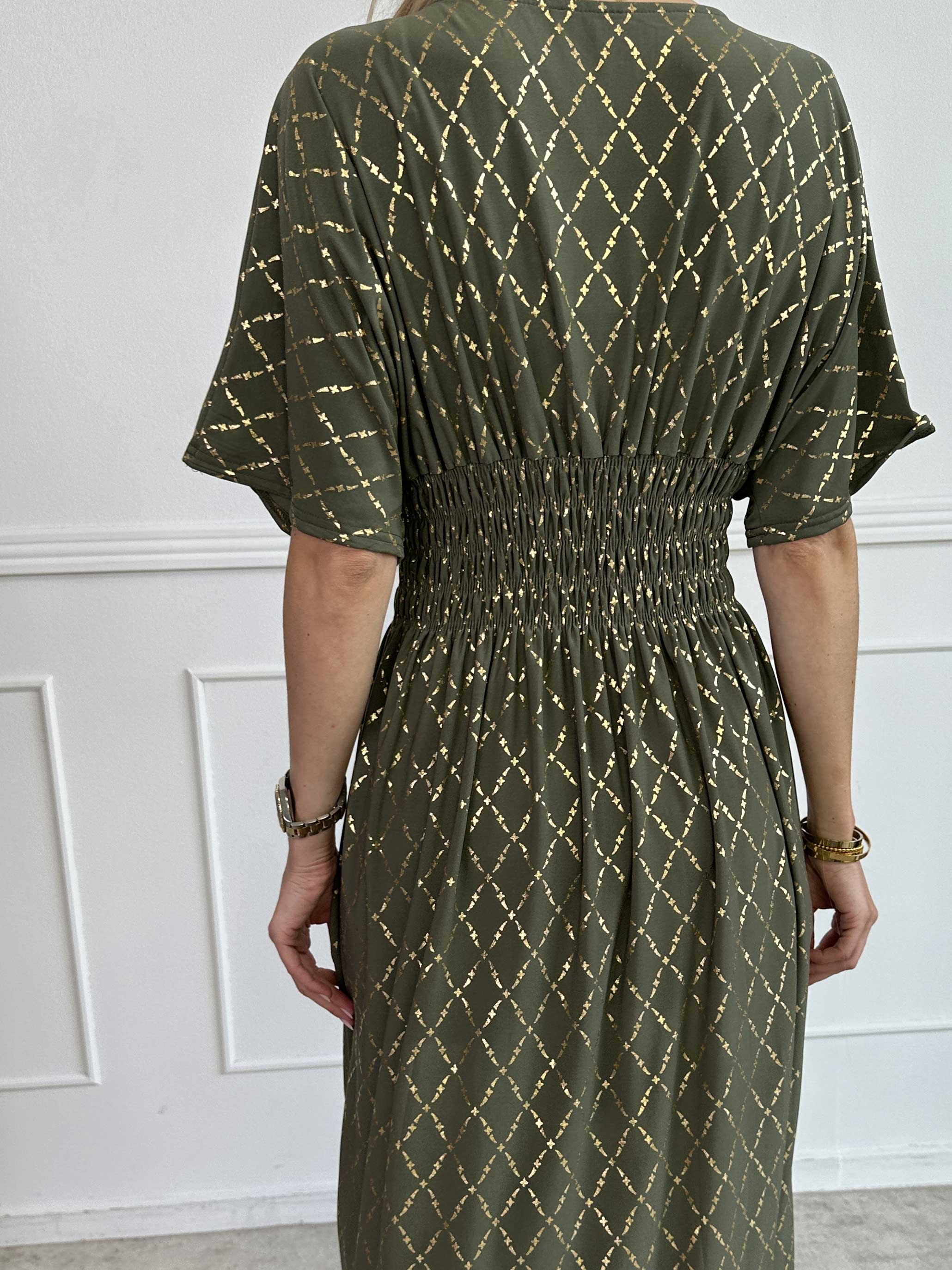 Pams Gold Check - Lång elastisk klänning med gulddetaljer