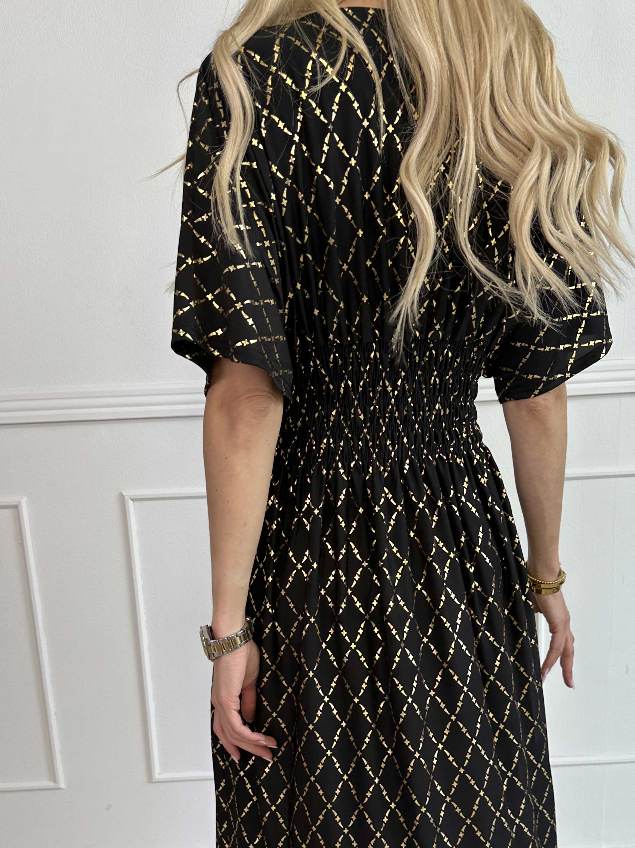 Pams Gold Check - Lång elastisk klänning med gulddetaljer