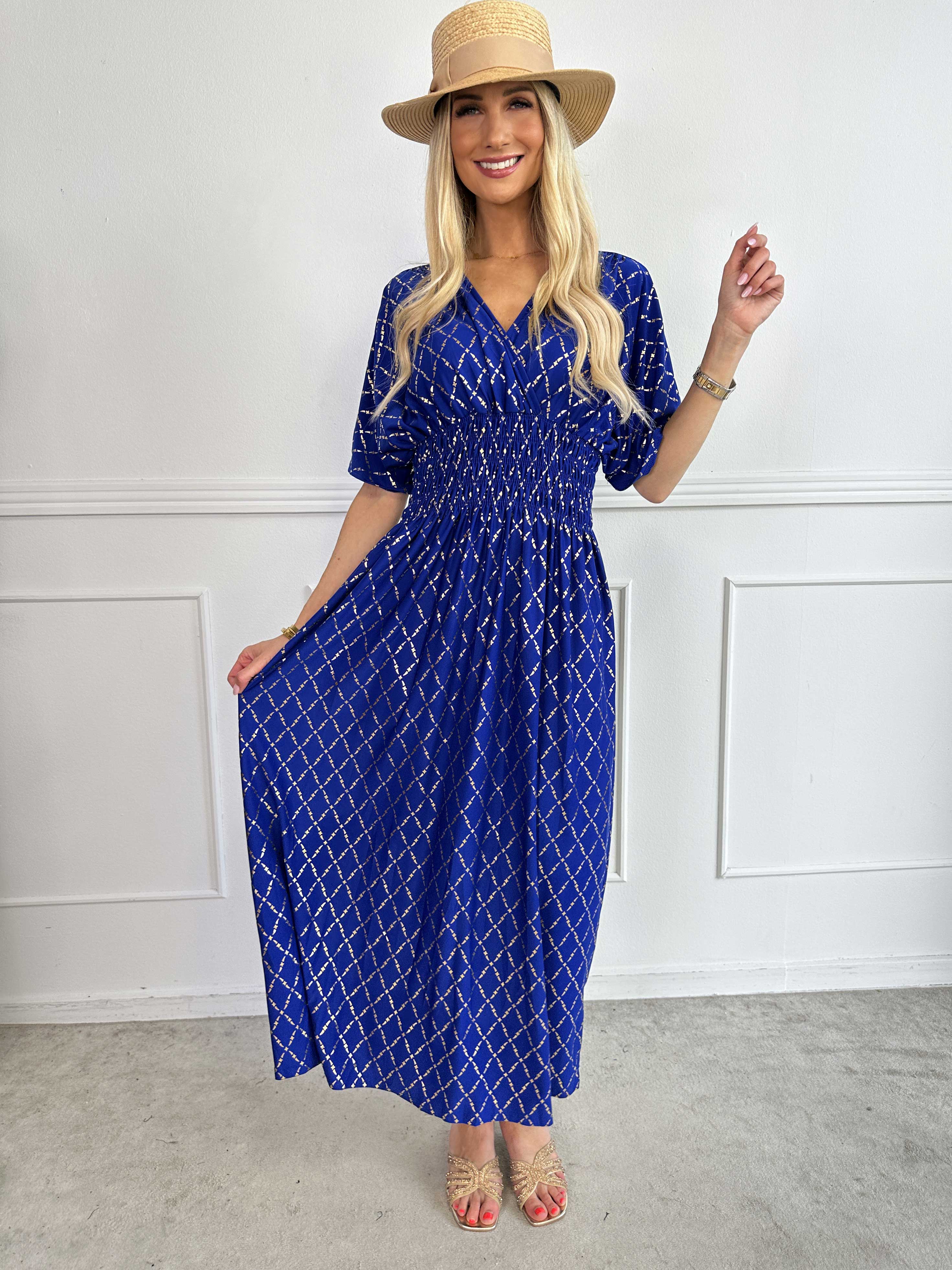 Pams Gold Check - Lång elastisk klänning med gulddetaljer