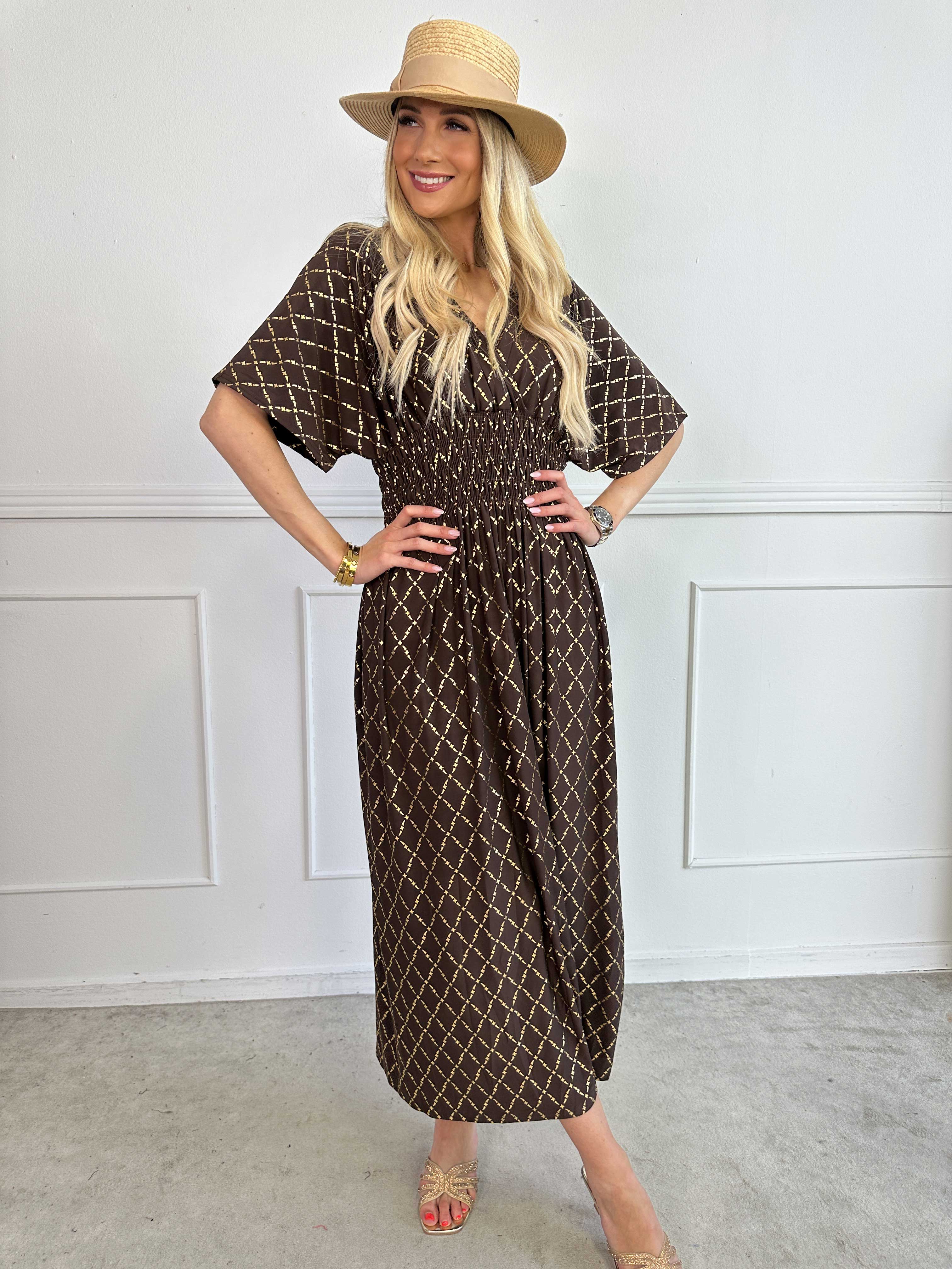 Pams Gold Check - Lång elastisk klänning med gulddetaljer