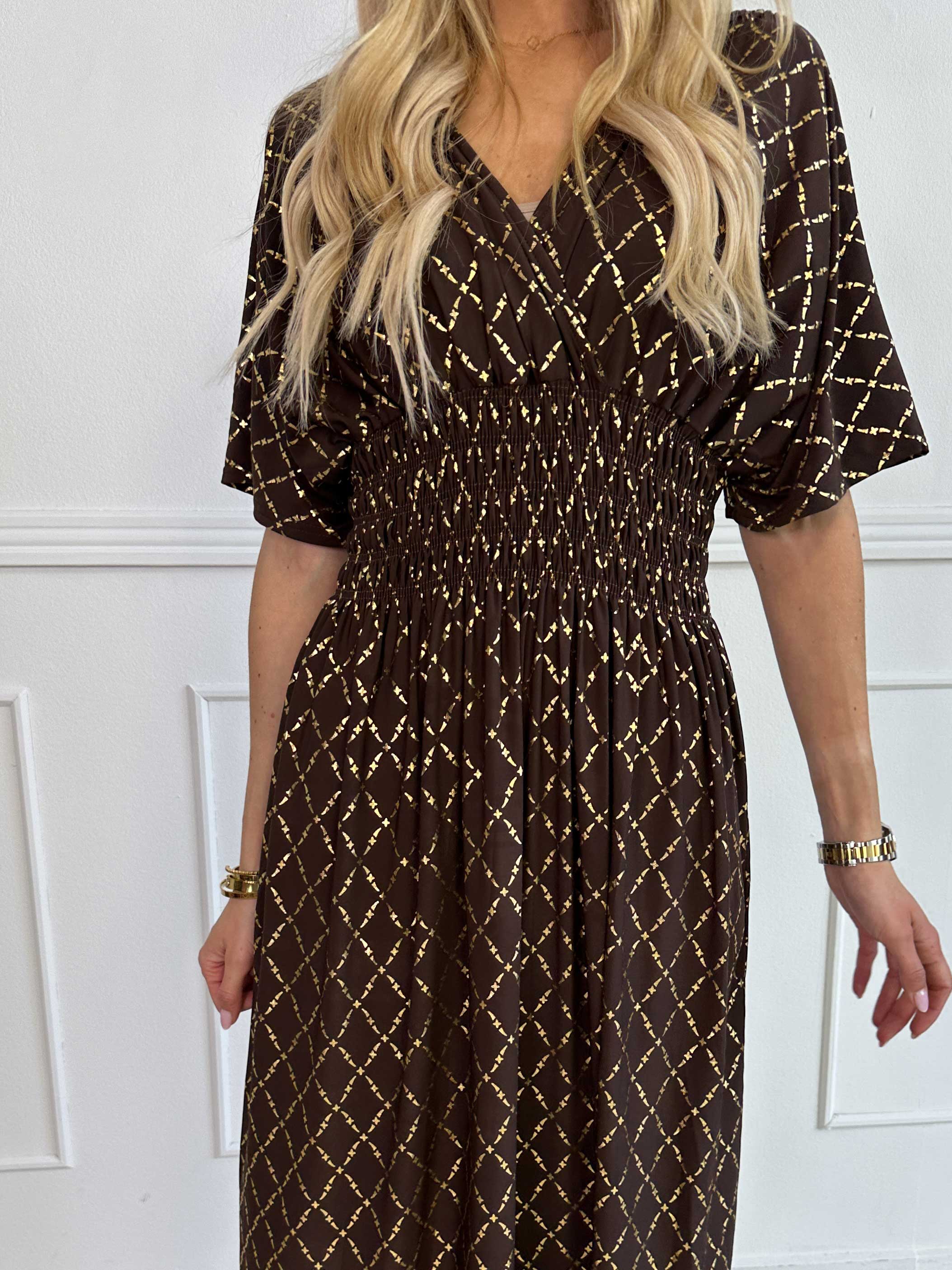 Pams Gold Check - Lång elastisk klänning med gulddetaljer