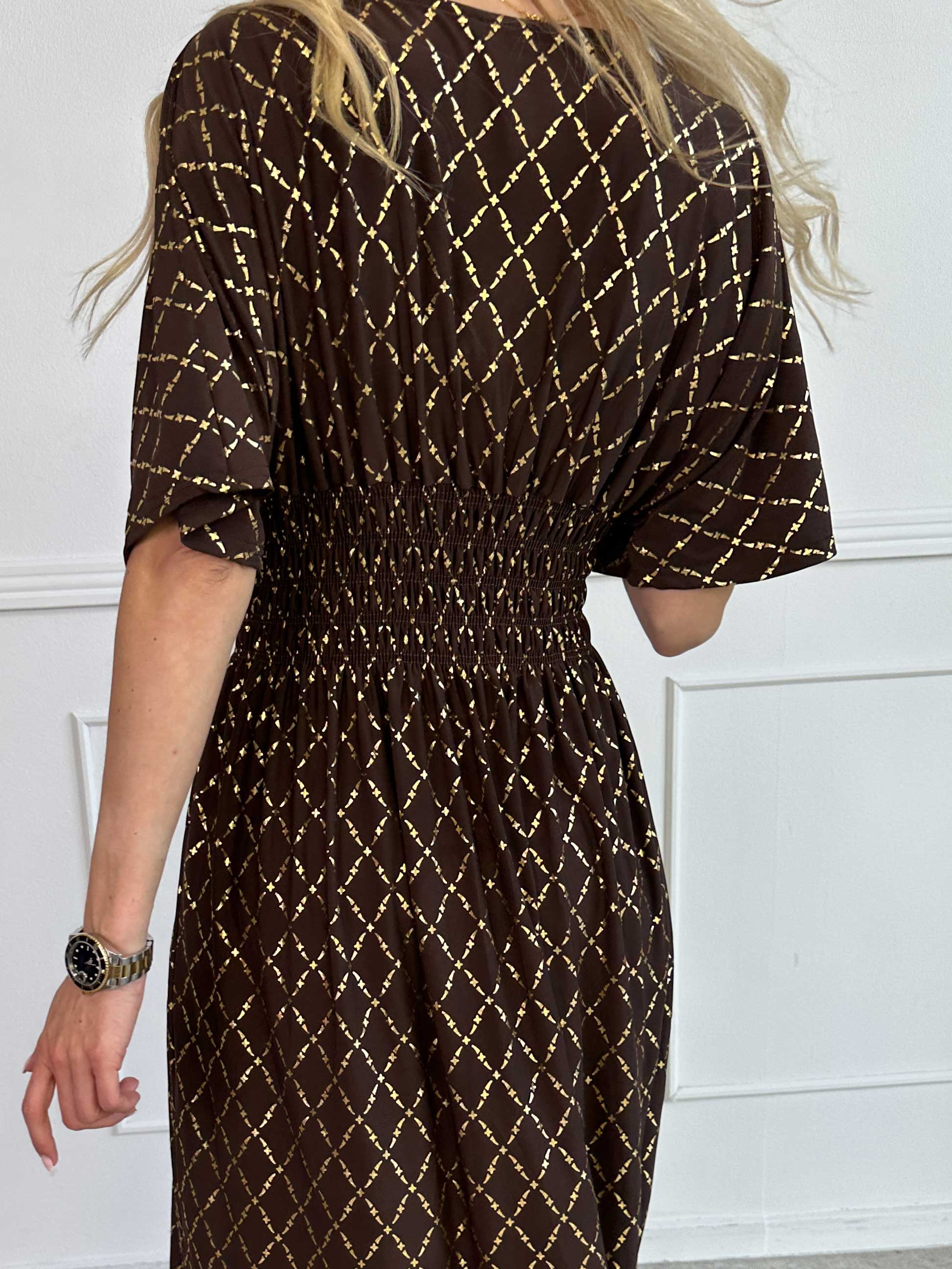 Pams Gold Check - Lång elastisk klänning med gulddetaljer