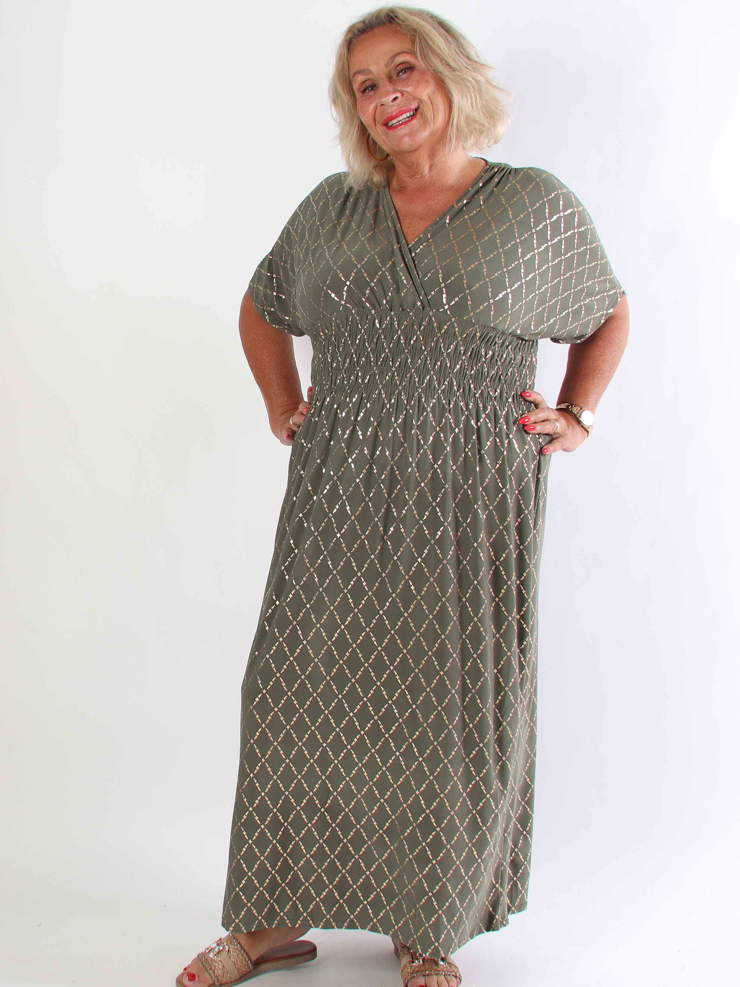 Pams Gold Check - Lång elastisk plus size klänning med gulddetaljer