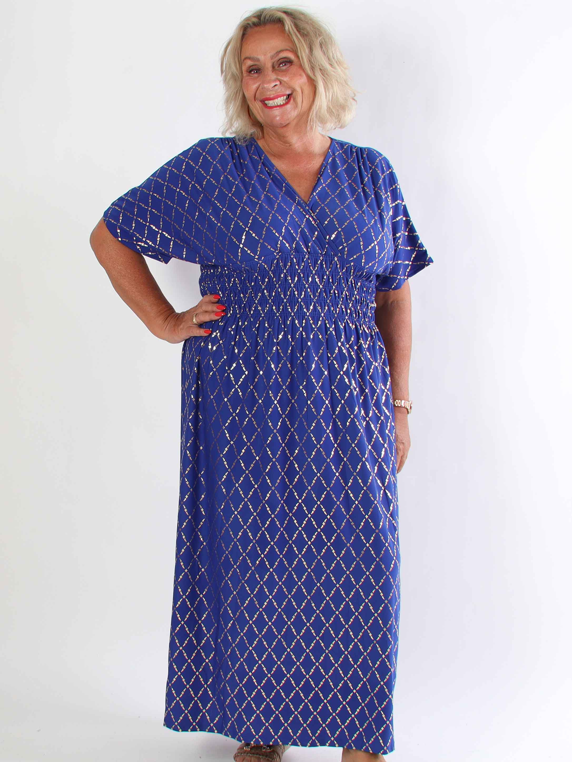 Pams Gold Check - Lång elastisk plus size klänning med gulddetaljer