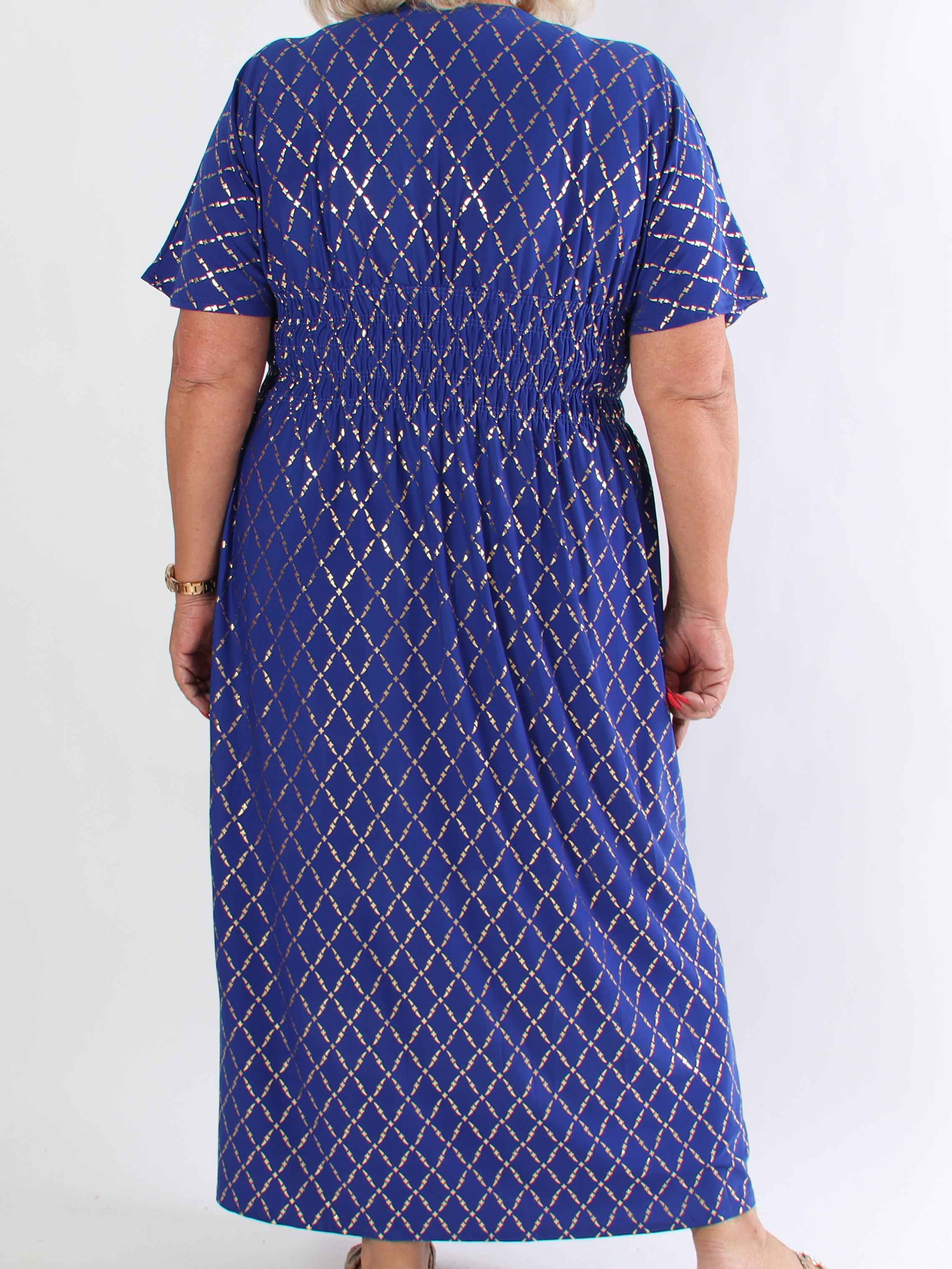 Pams Gold Check - Lång elastisk plus size klänning med gulddetaljer