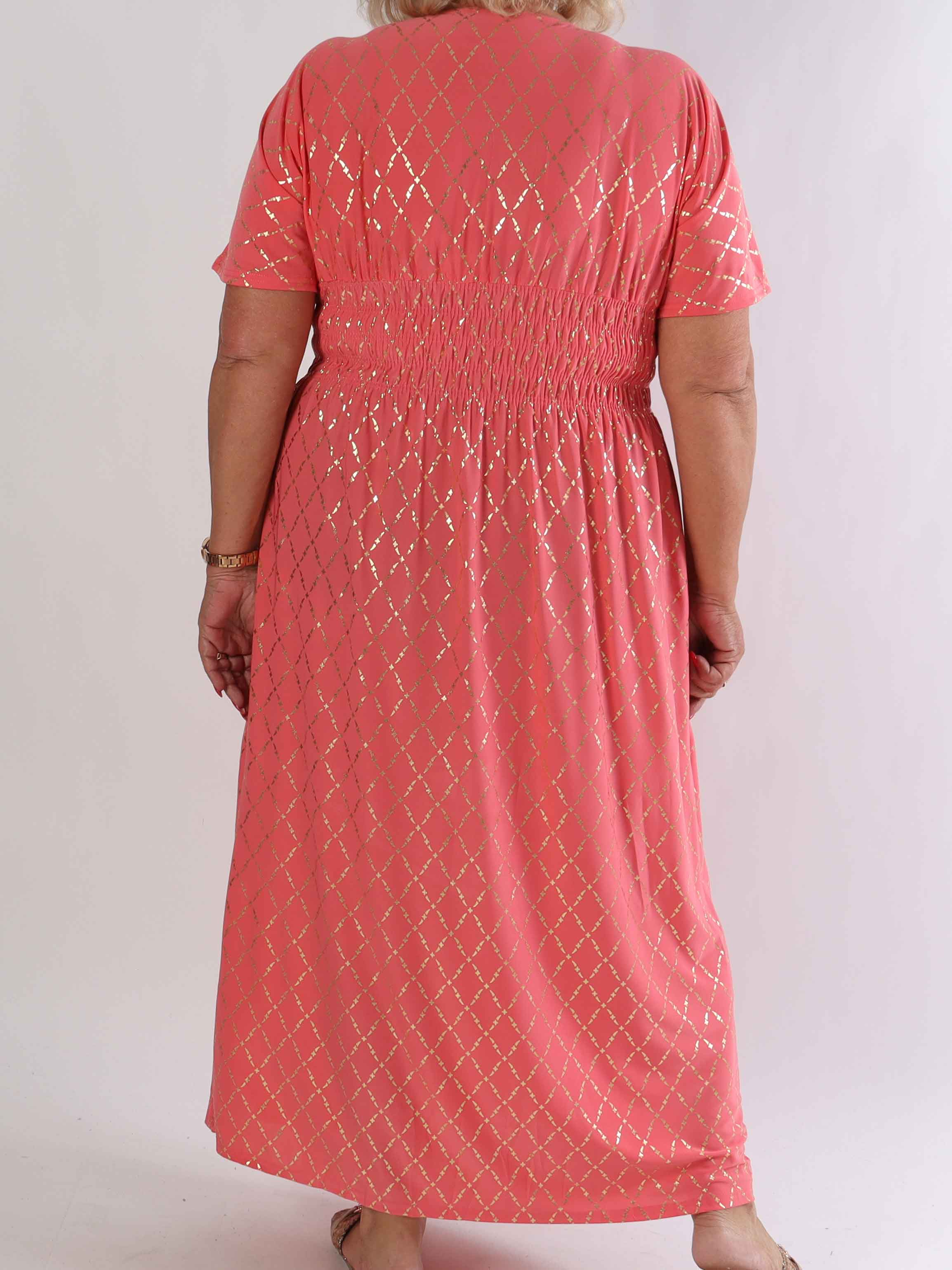 Pams Gold Check - Lång elastisk plus size klänning med gulddetaljer