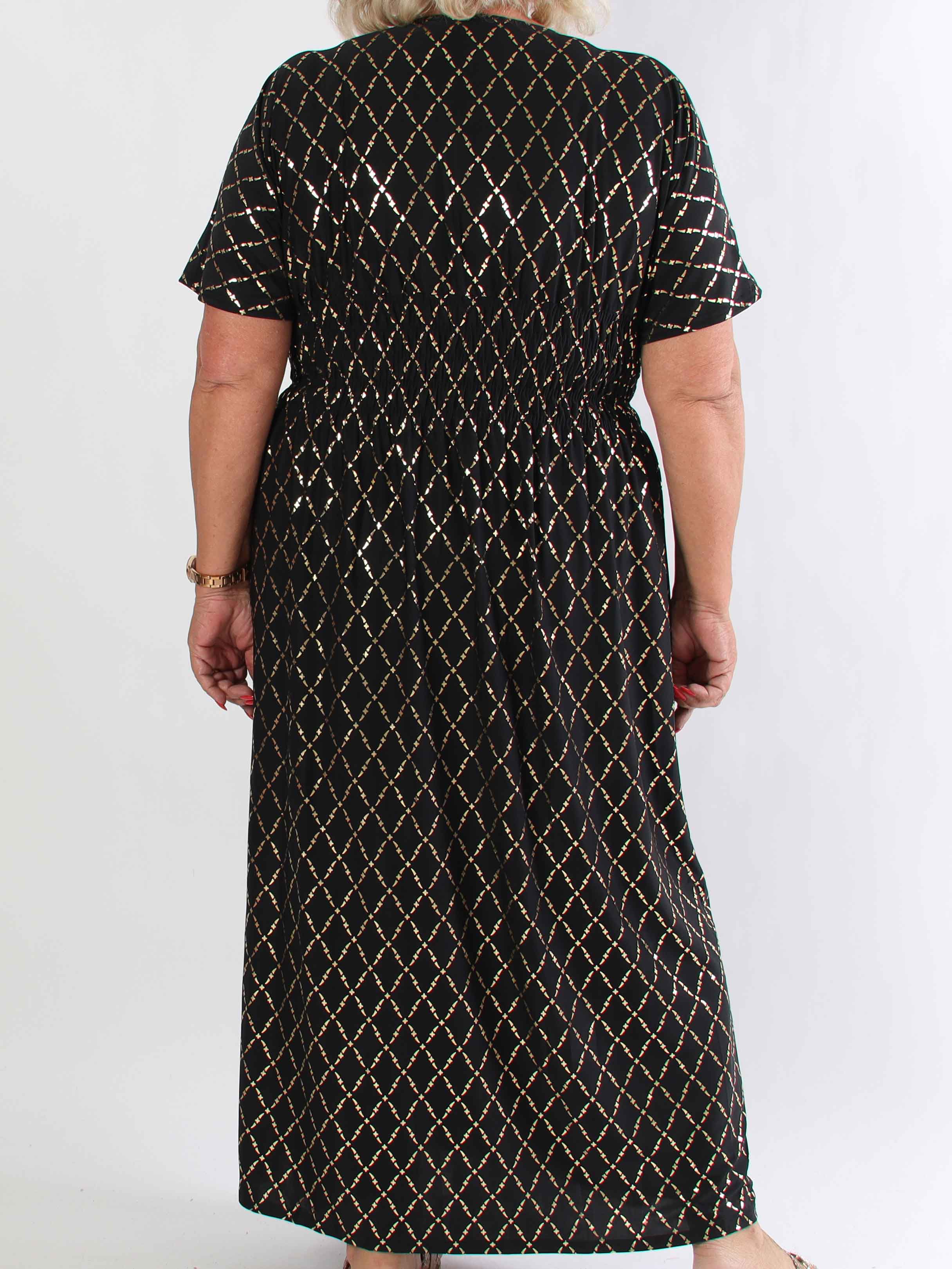 Pams Gold Check - Lång elastisk plus size klänning med gulddetaljer