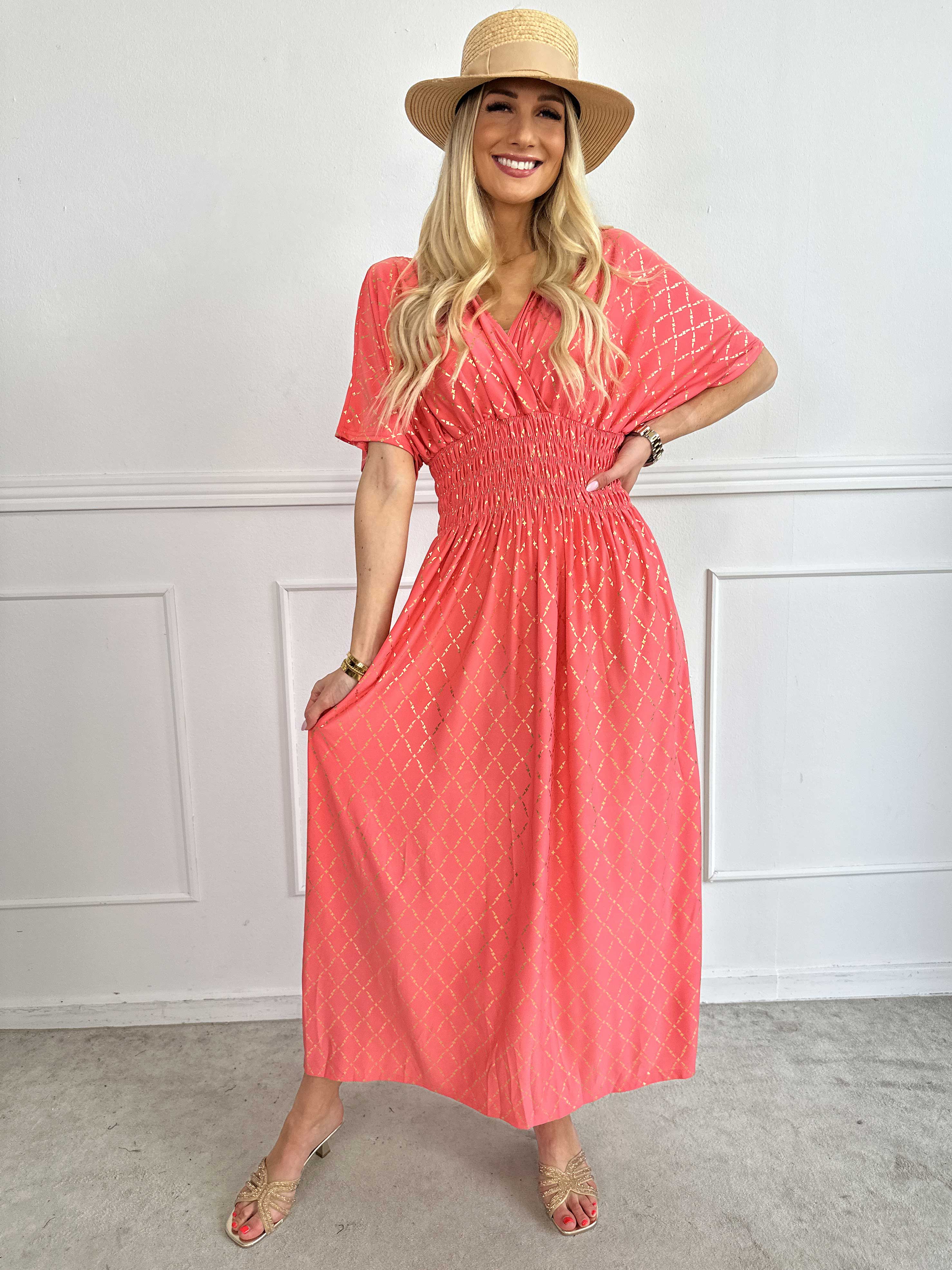 Pams Gold Check - Lång elastisk klänning med gulddetaljer