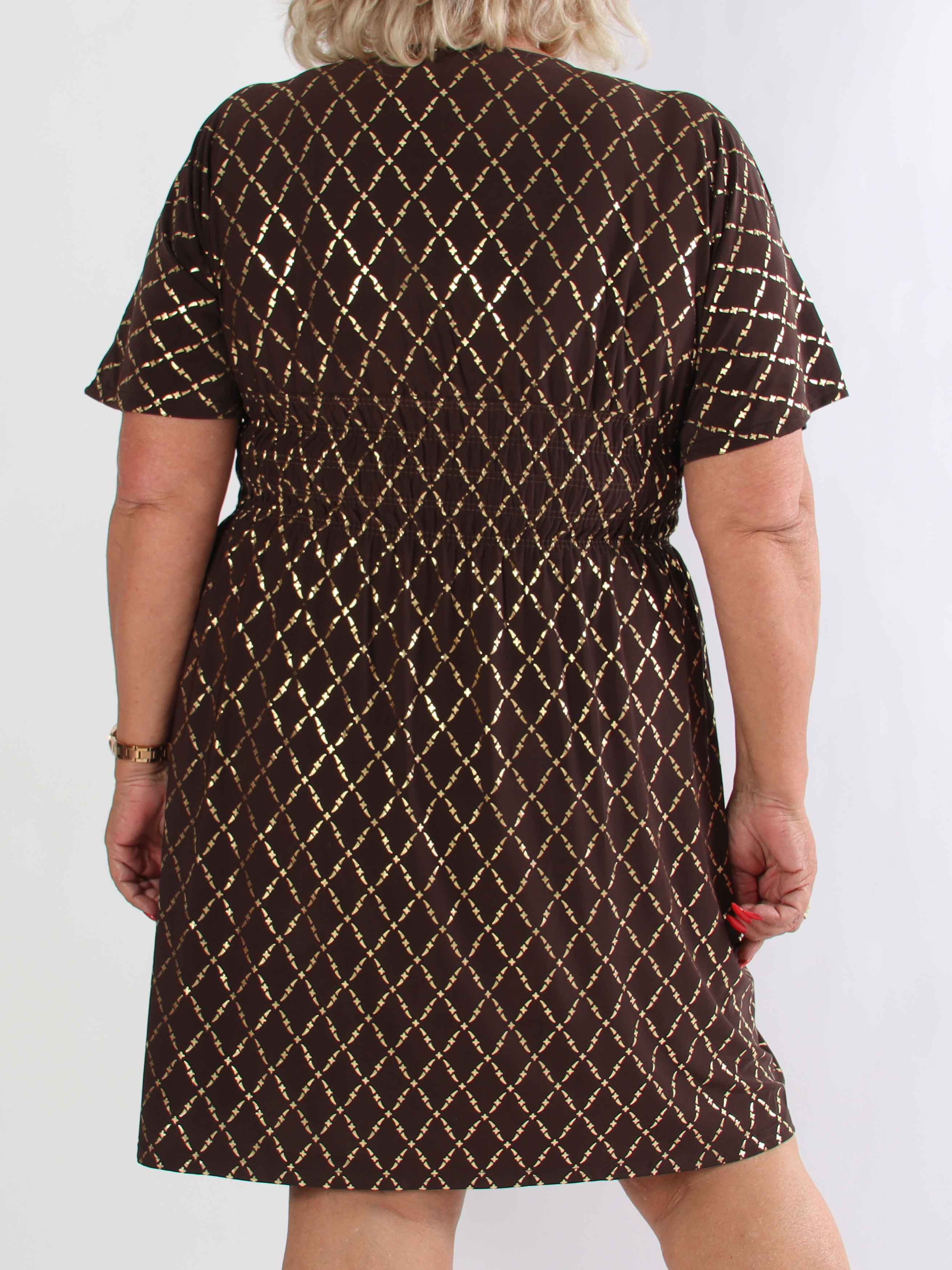 Pams Gold Check Short - Kort elastisk plus size klänning med gulddetaljer