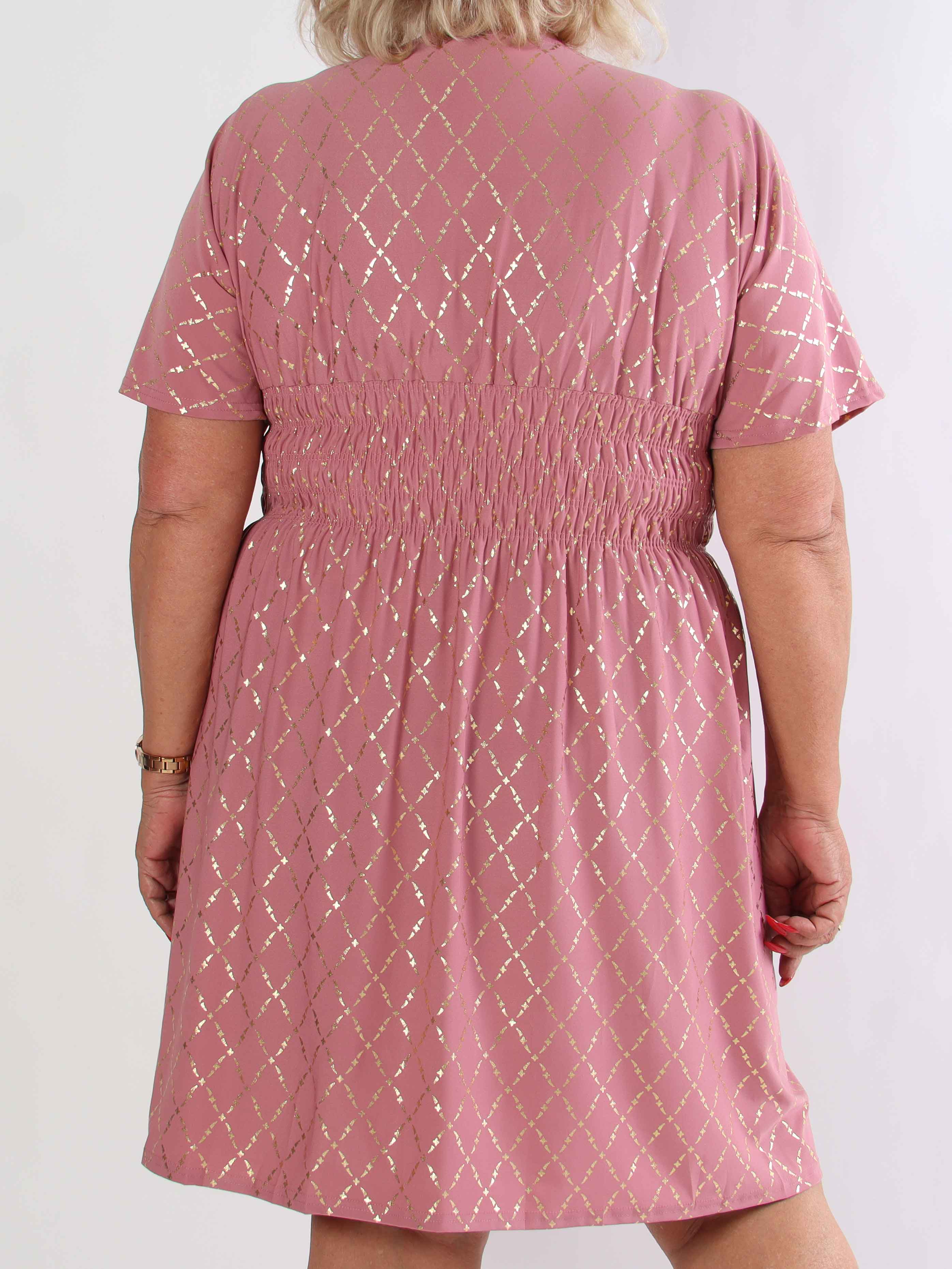 Pams Gold Check Short - Kort elastisk plus size klänning med gulddetaljer