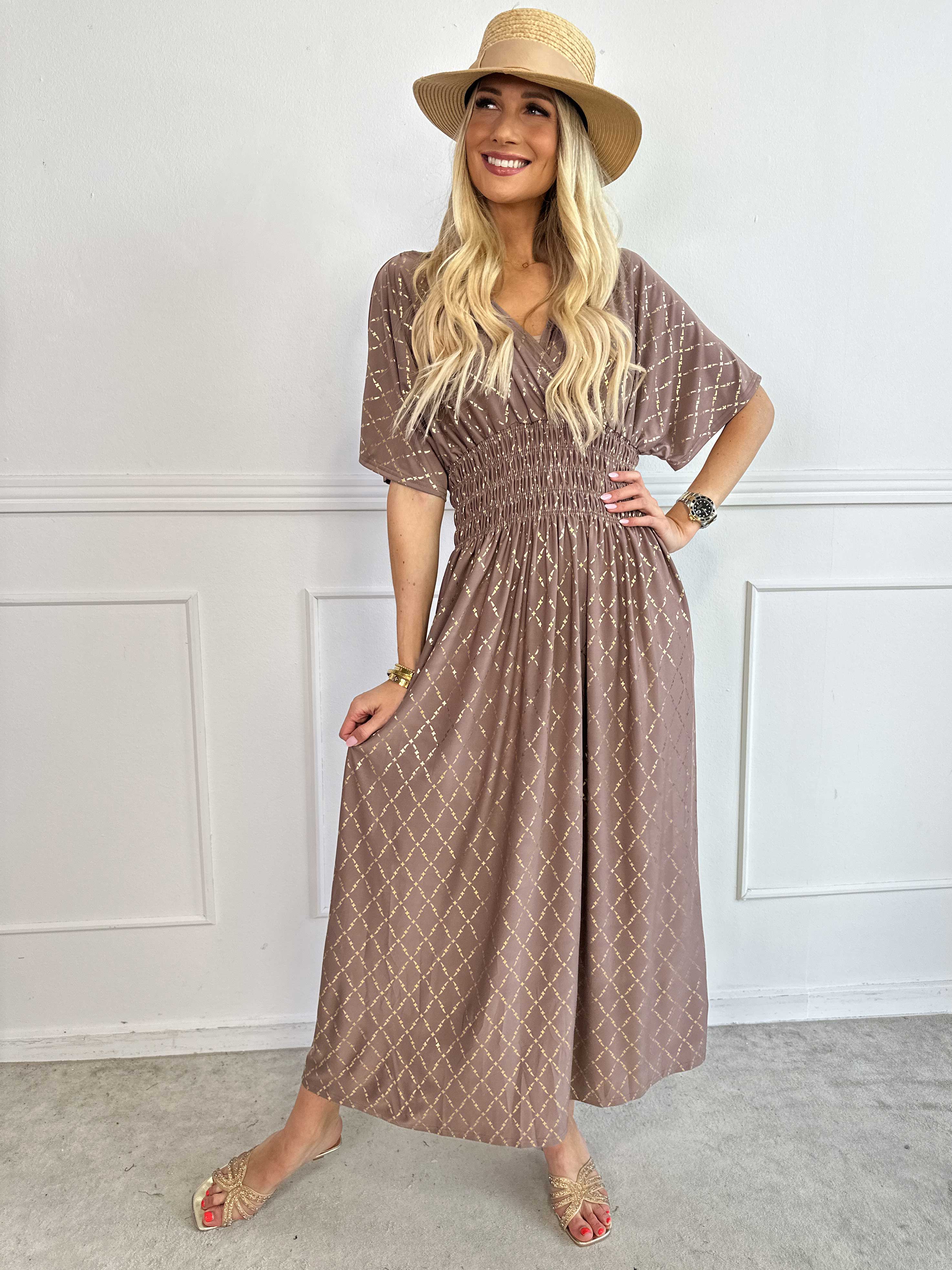 Pams Gold Check - Lång elastisk klänning med gulddetaljer