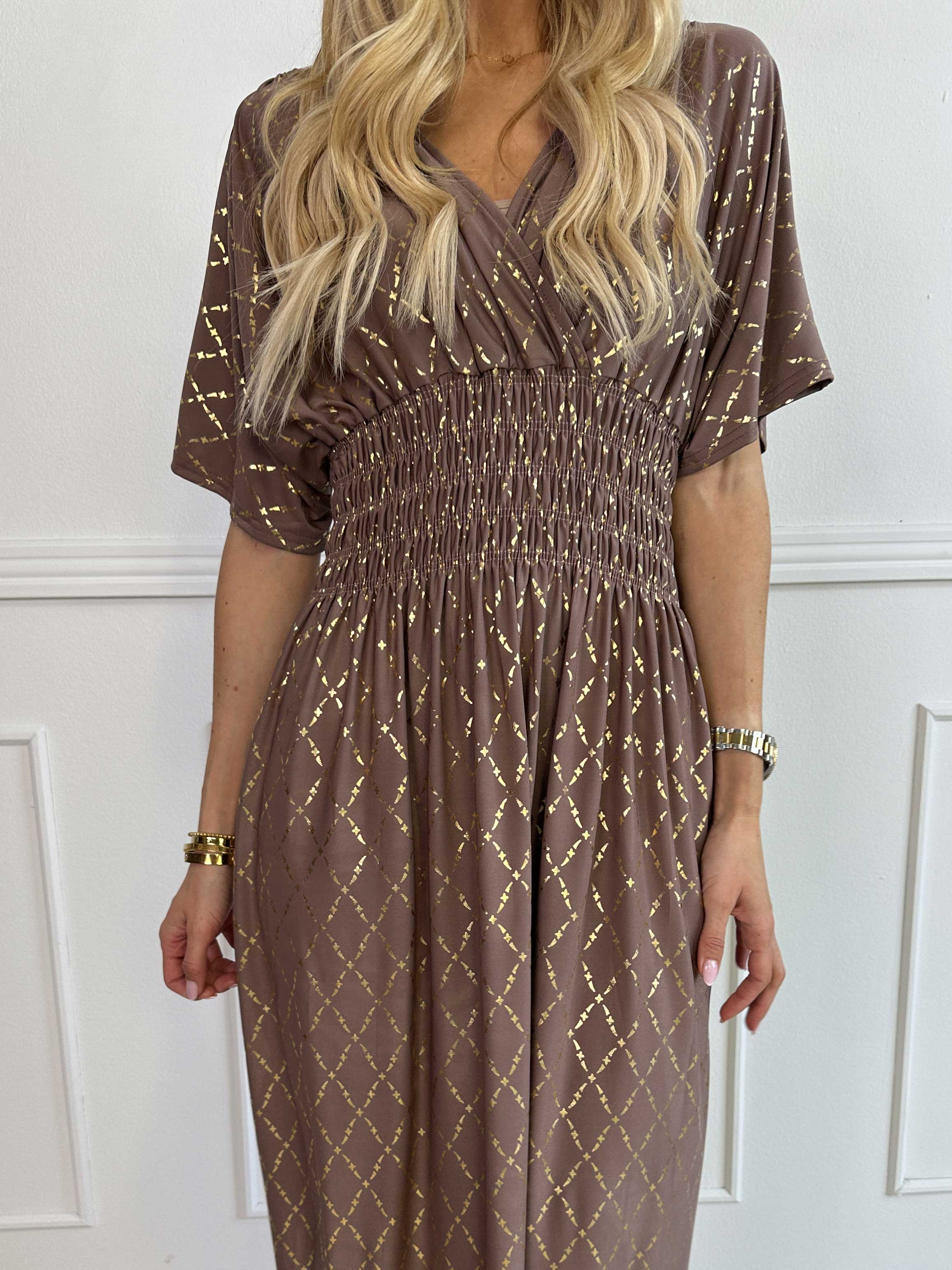 Pams Gold Check - Lång elastisk klänning med gulddetaljer