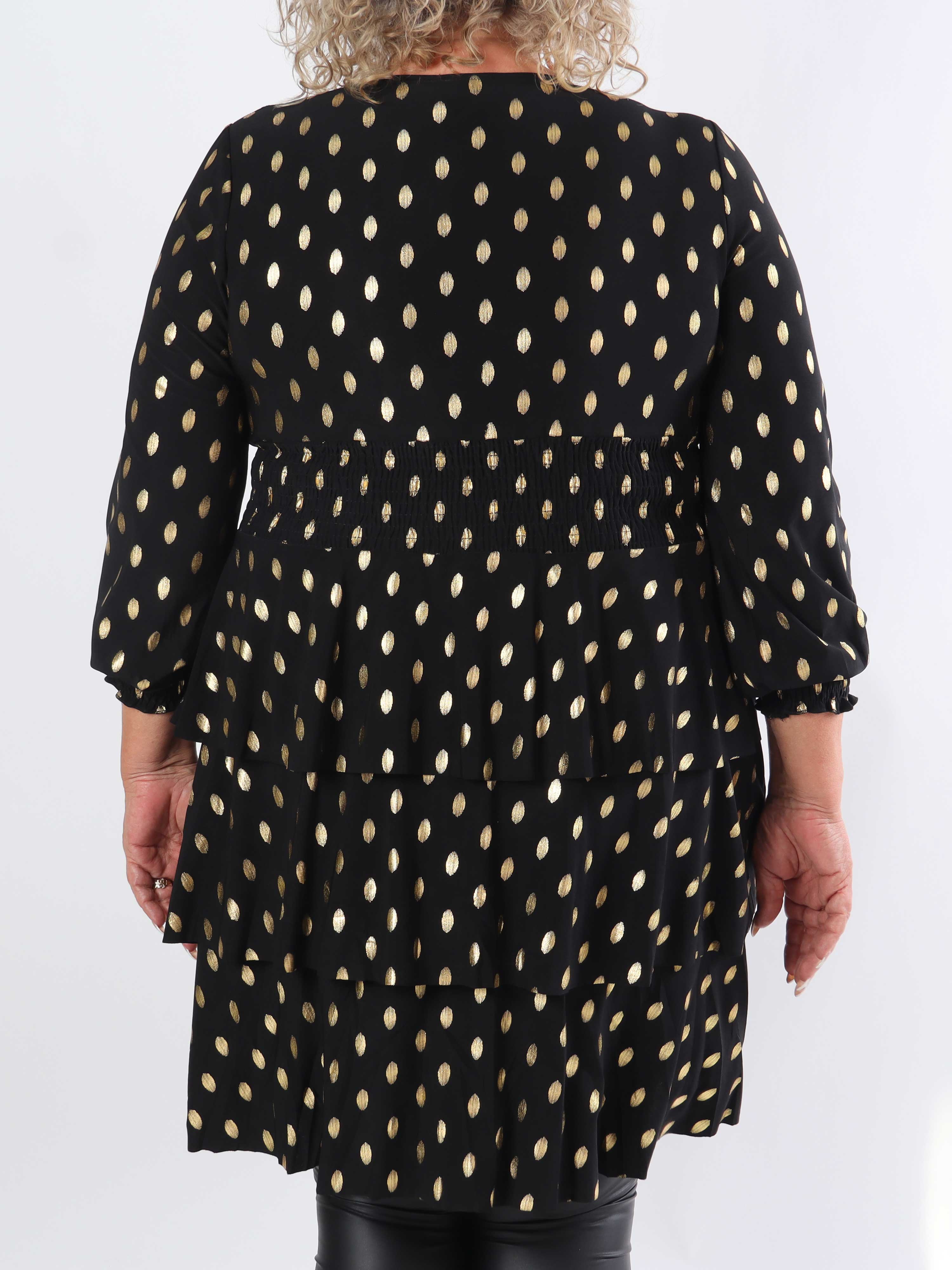 Pams Gold Dot Frills - Söt stretchig plus size-klänning med volanger