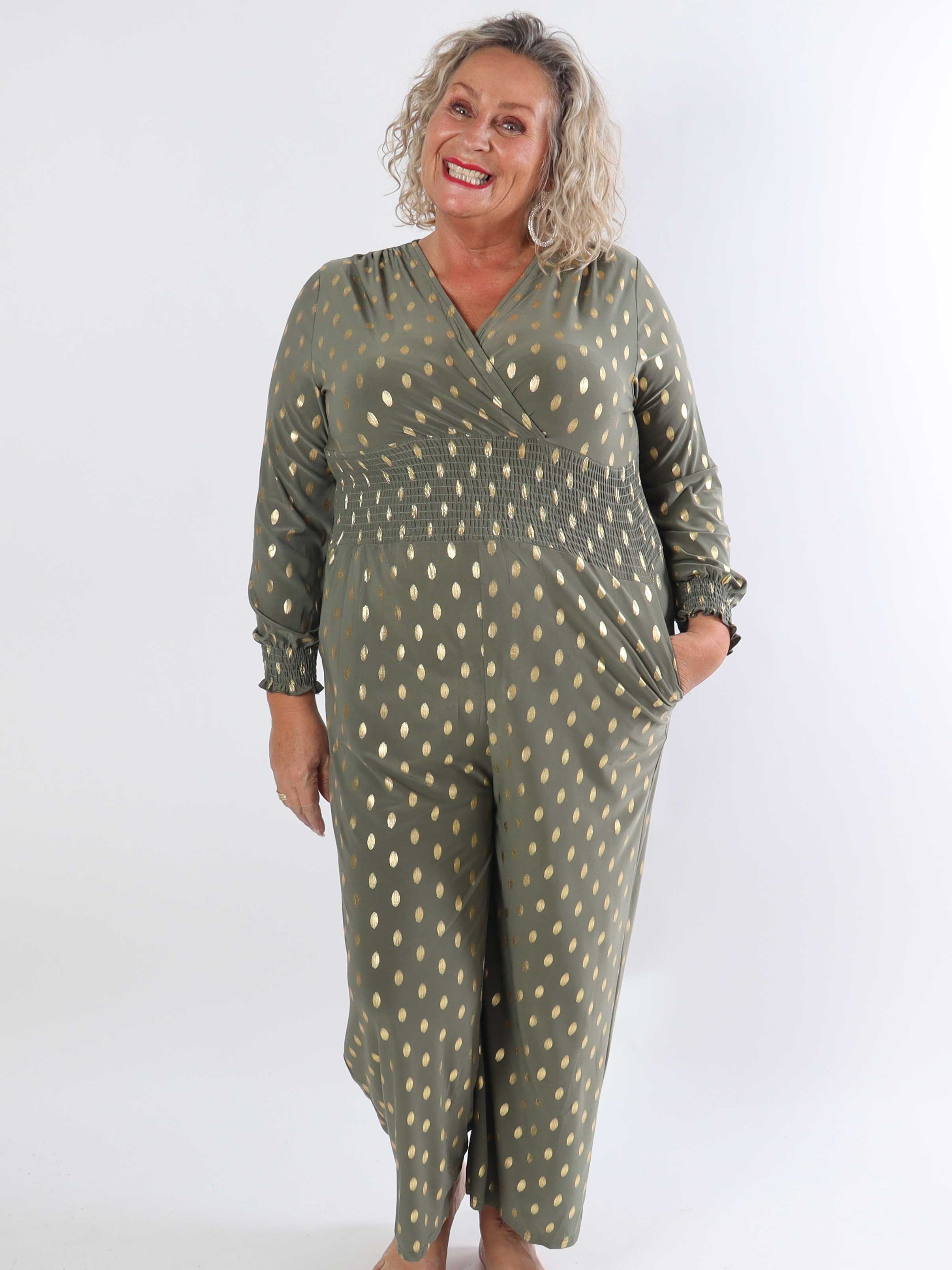 Pams Gold Dot Jumpsuit L/S - Plus size jumpsuit i stretchigt tyg