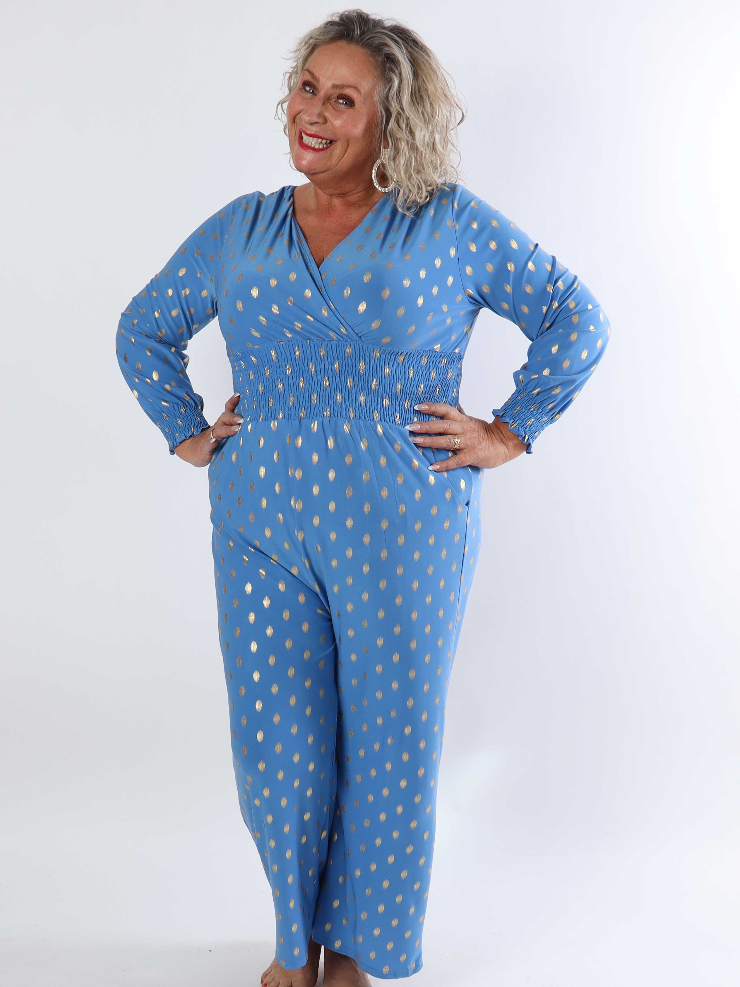 Pams Gold Dot Jumpsuit L/S - Plus size jumpsuit i stretchigt tyg