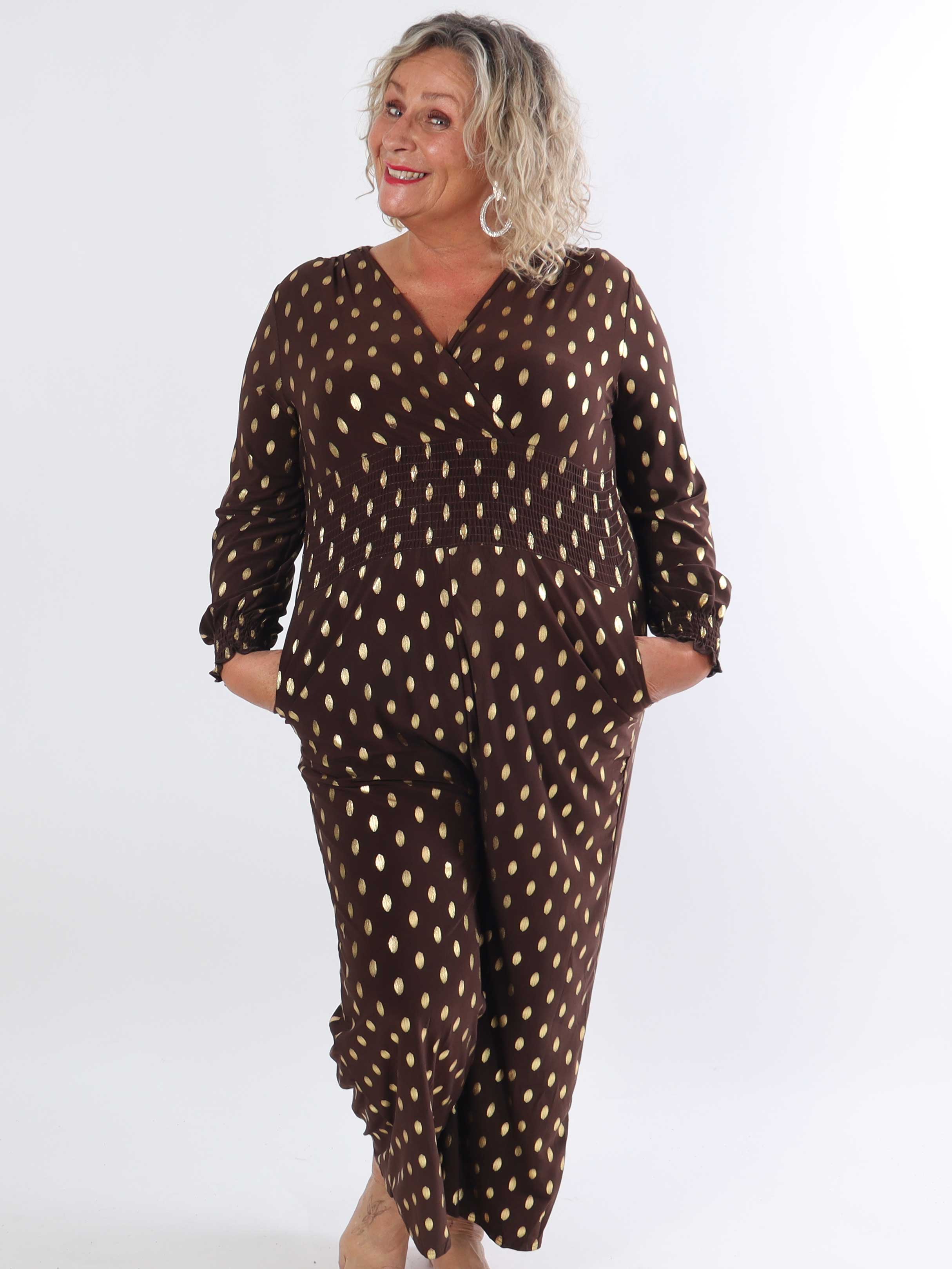 Pams Gold Dot Jumpsuit L/S - Plus size jumpsuit i stretchigt tyg