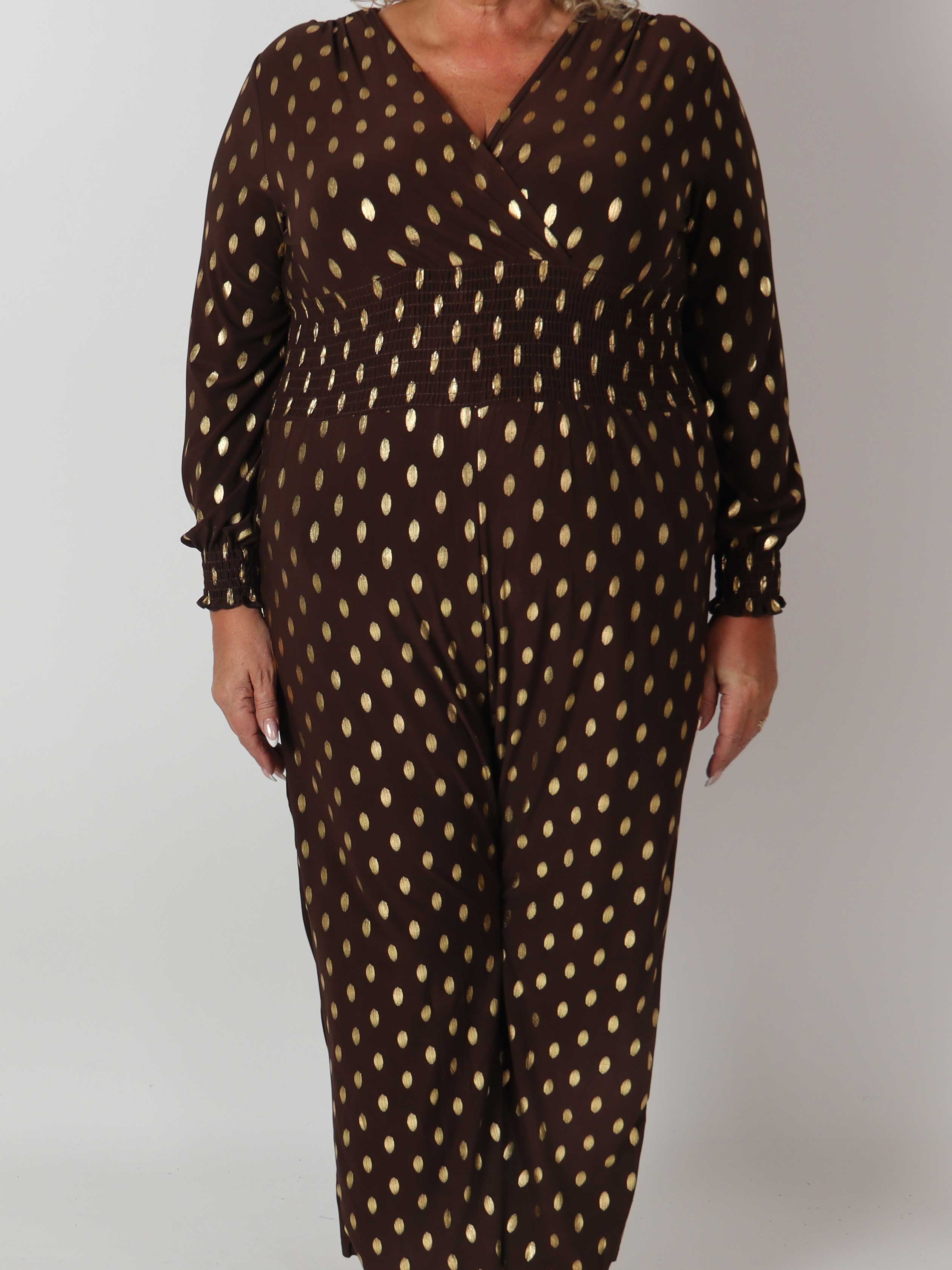 Pams Gold Dot Jumpsuit L/S - Plus size jumpsuit i stretchigt tyg
