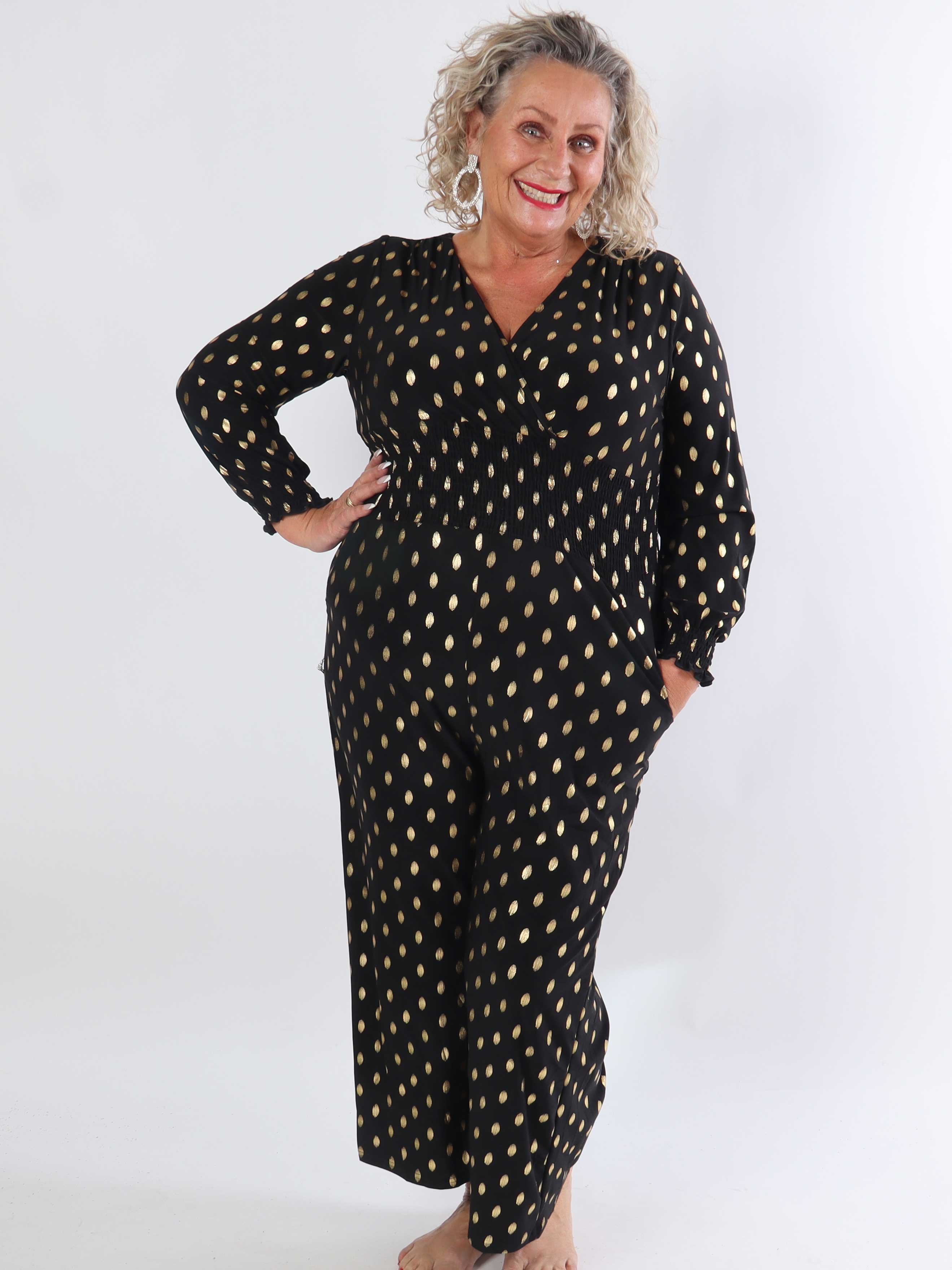 Pams Gold Dot Jumpsuit L/S - Plus size jumpsuit i stretchigt tyg