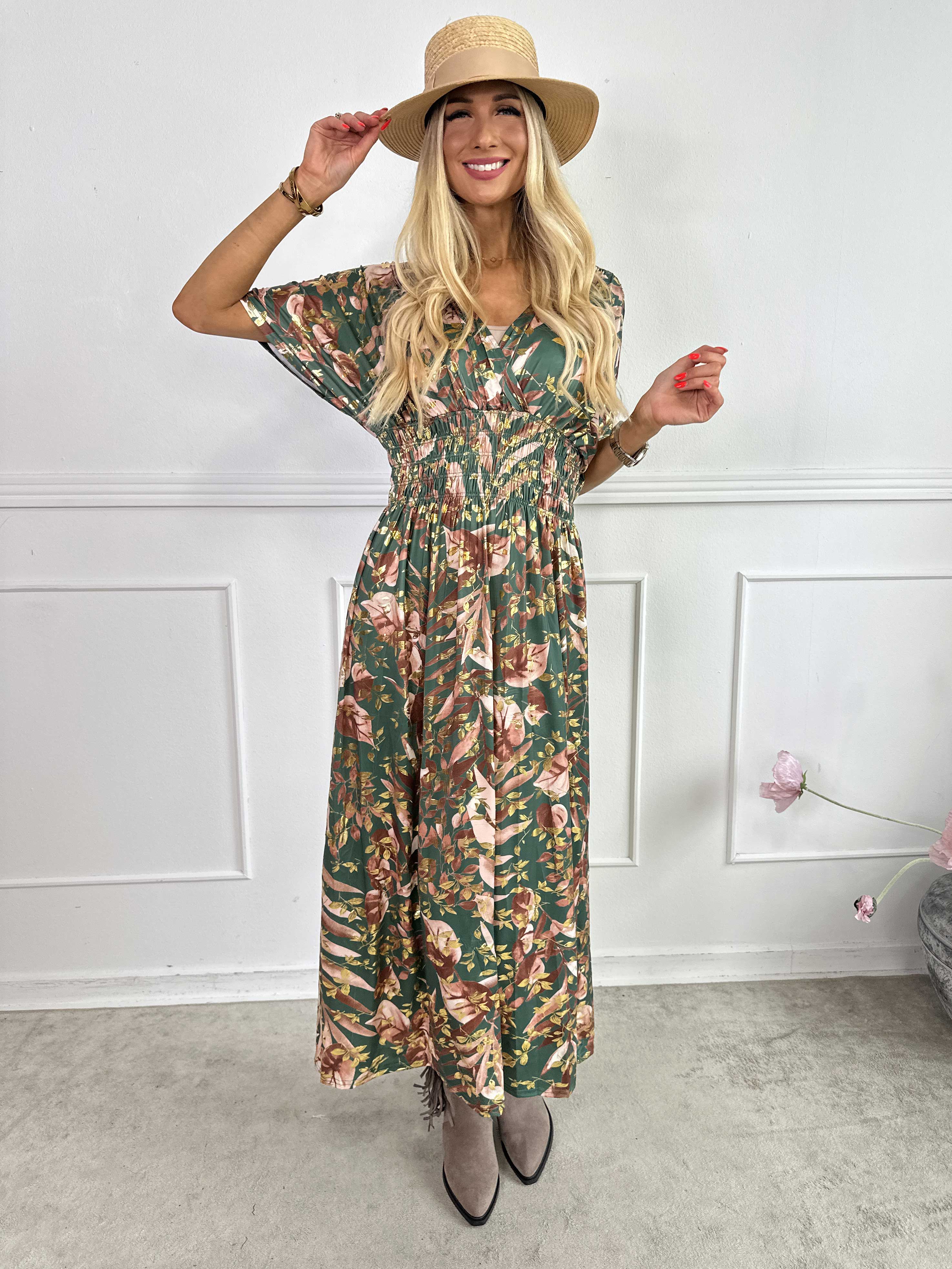 Pams Gold Leaf - Lång elastisk klänning med blommigt mönster med gulddetaljer