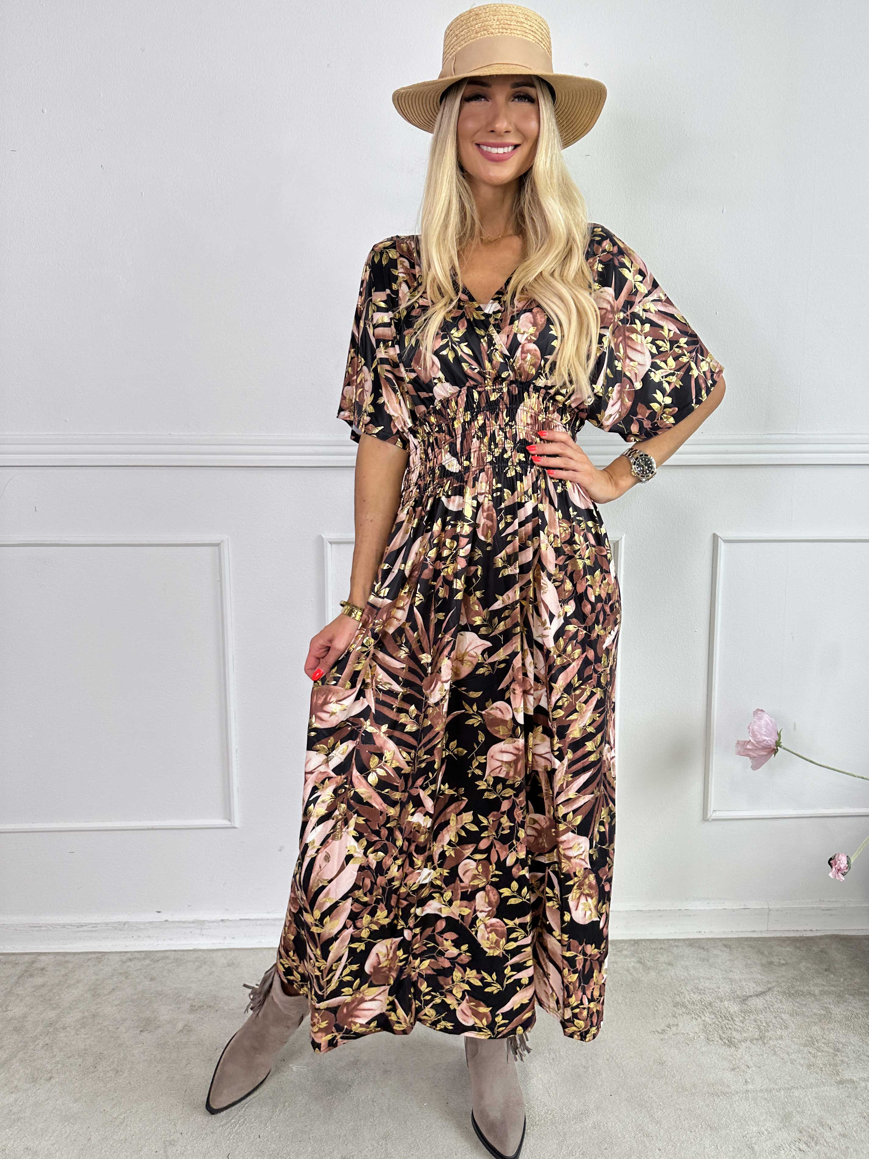 Pams Gold Leaf - Lång elastisk klänning med blommigt mönster med gulddetaljer