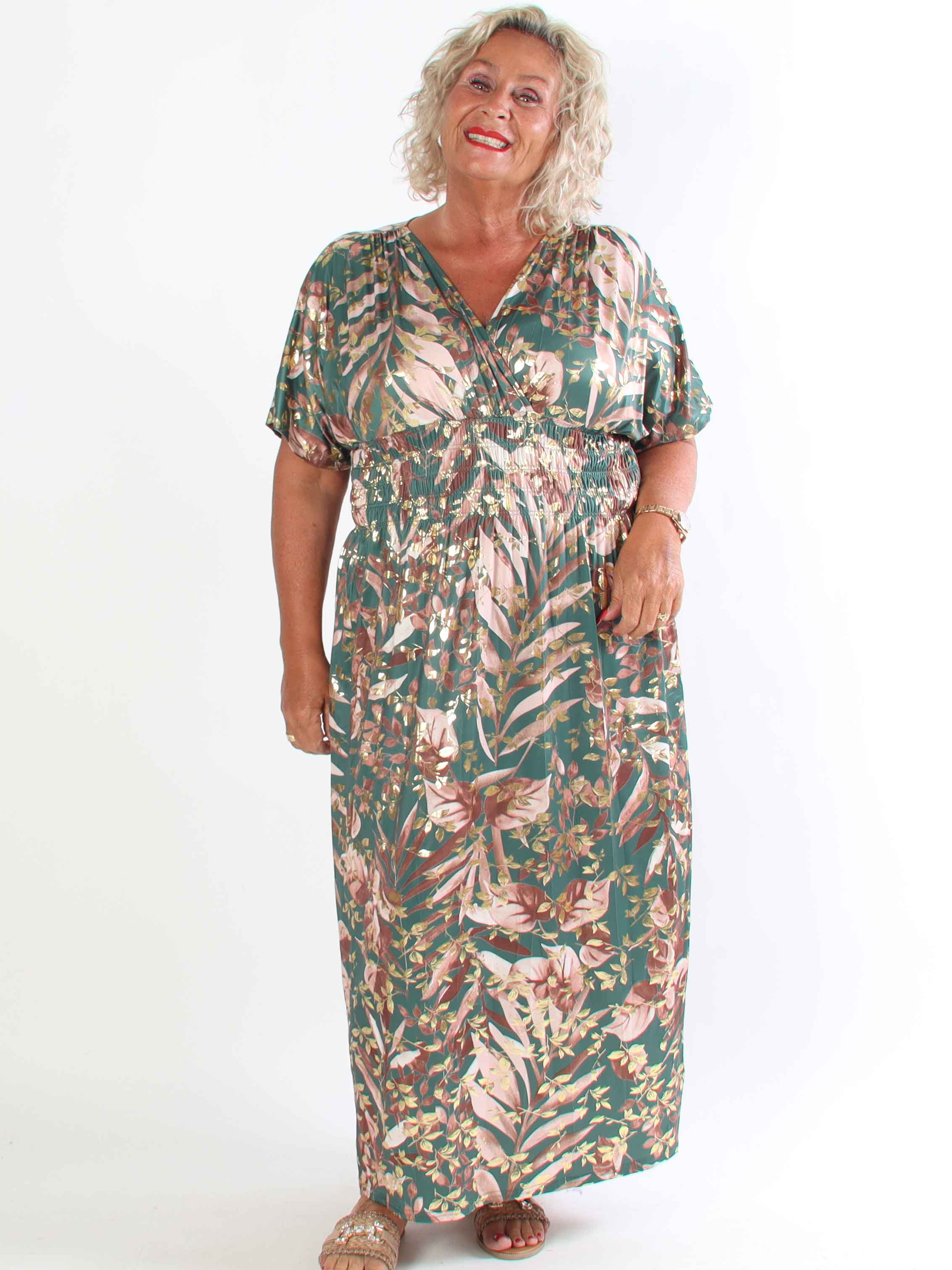 Pams Gold Leaf - Elastisk plus size klänning med blommigt mönster och gulddetaljer