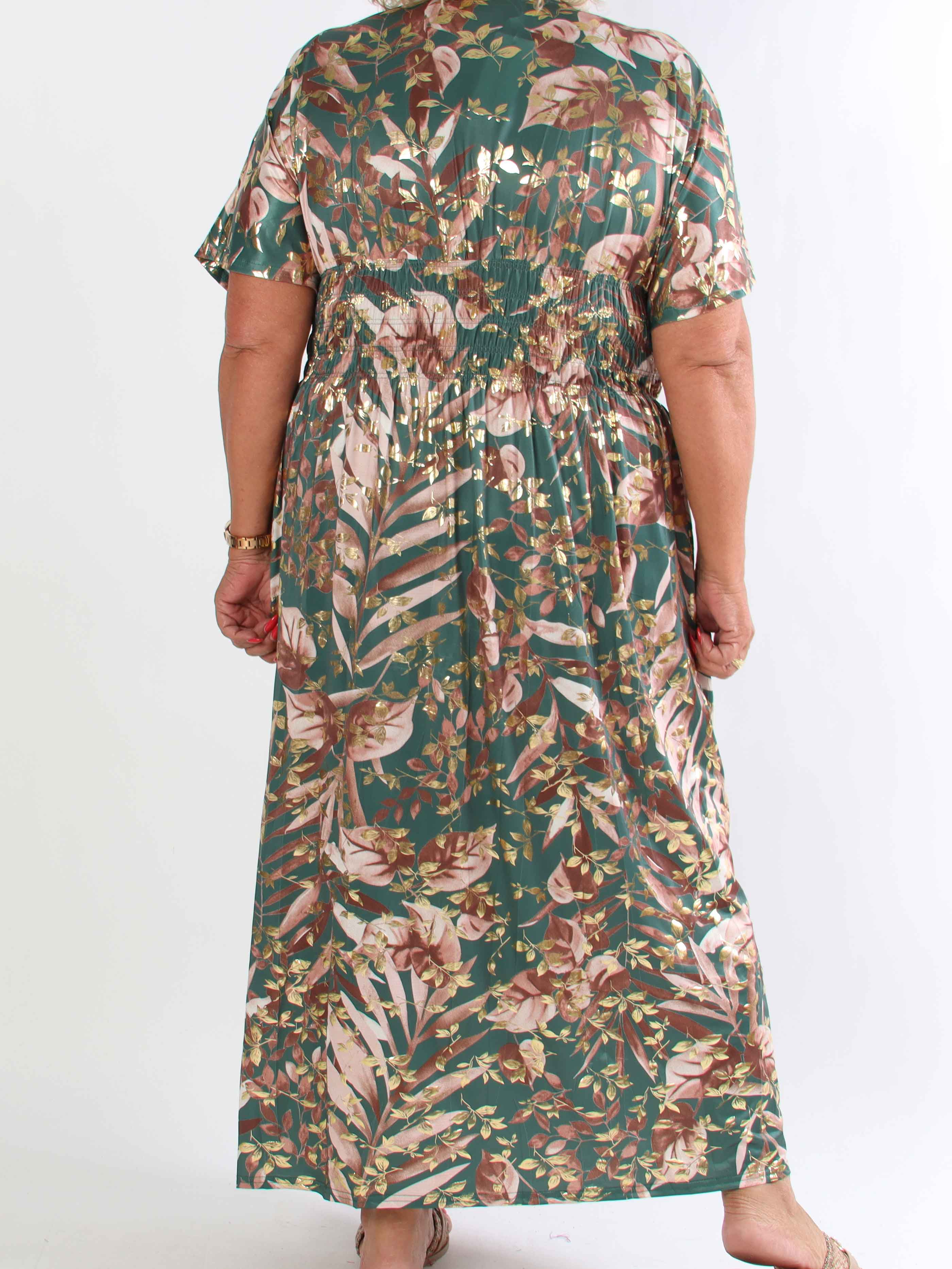 Pams Gold Leaf - Elastisk plus size klänning med blommigt mönster och gulddetaljer