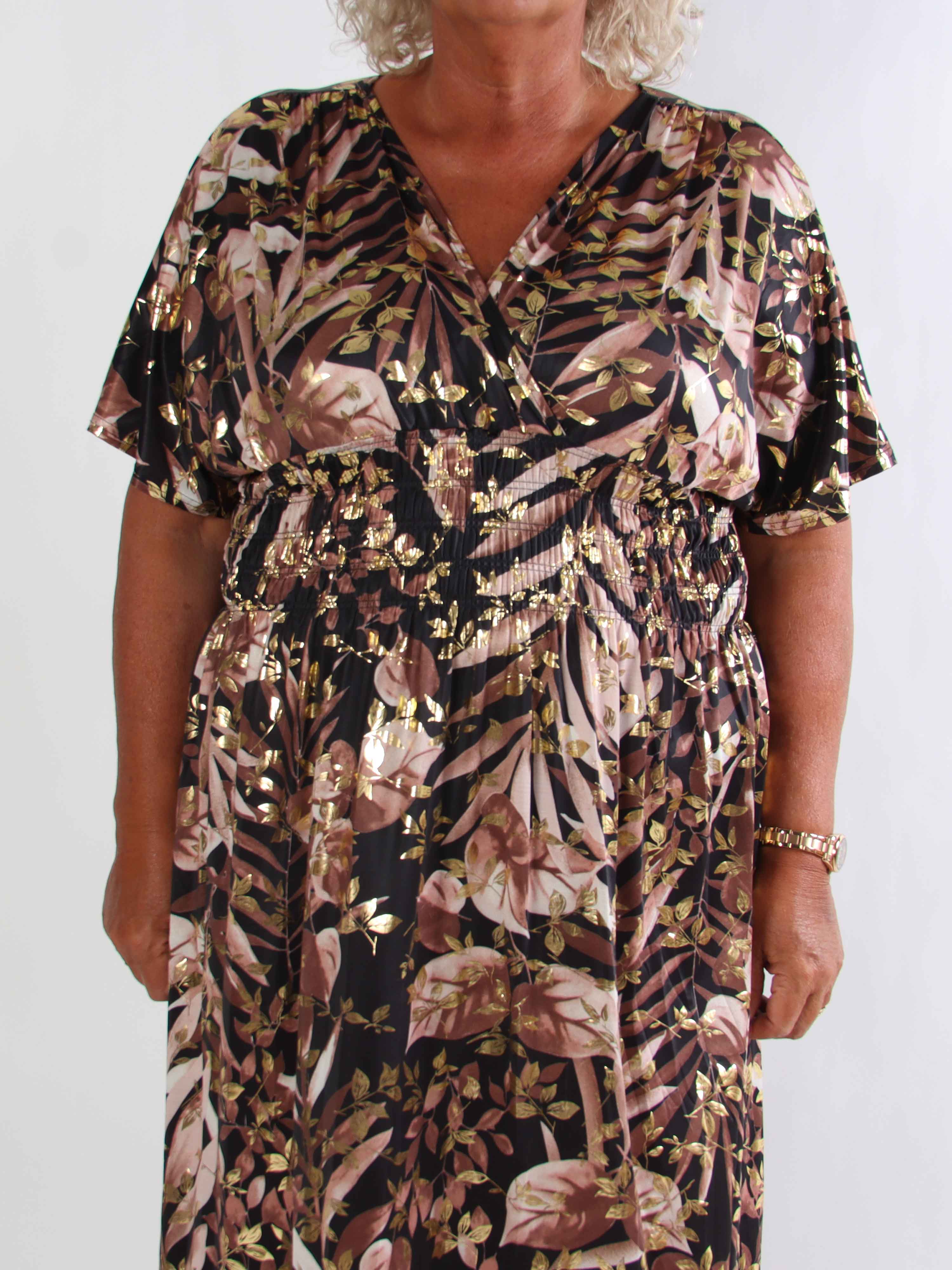 Pams Gold Leaf - Elastisk plus size klänning med blommigt mönster och gulddetaljer
