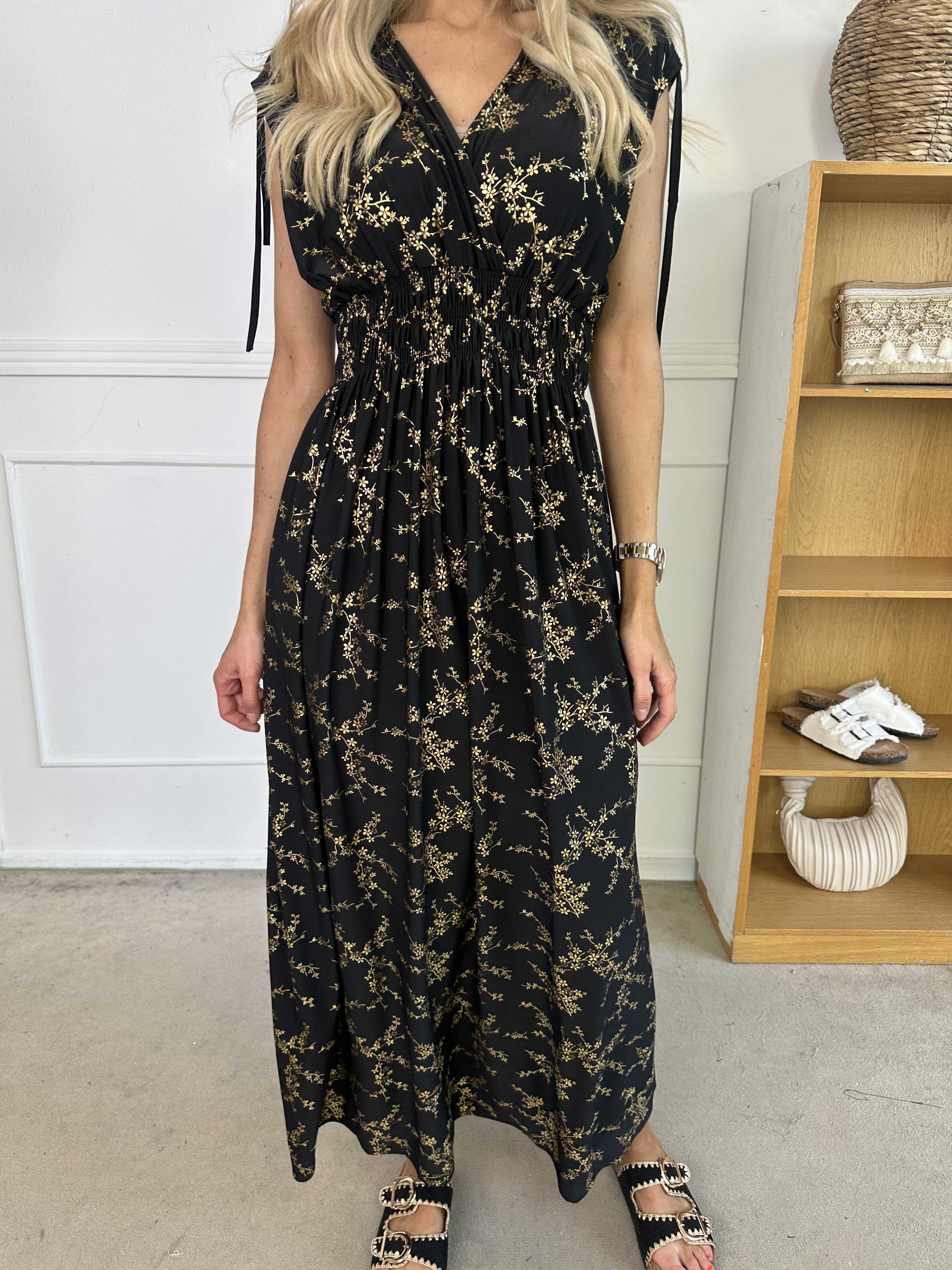 Pams Gold Sleeveless - Lång elastisk klänning med guldtryck