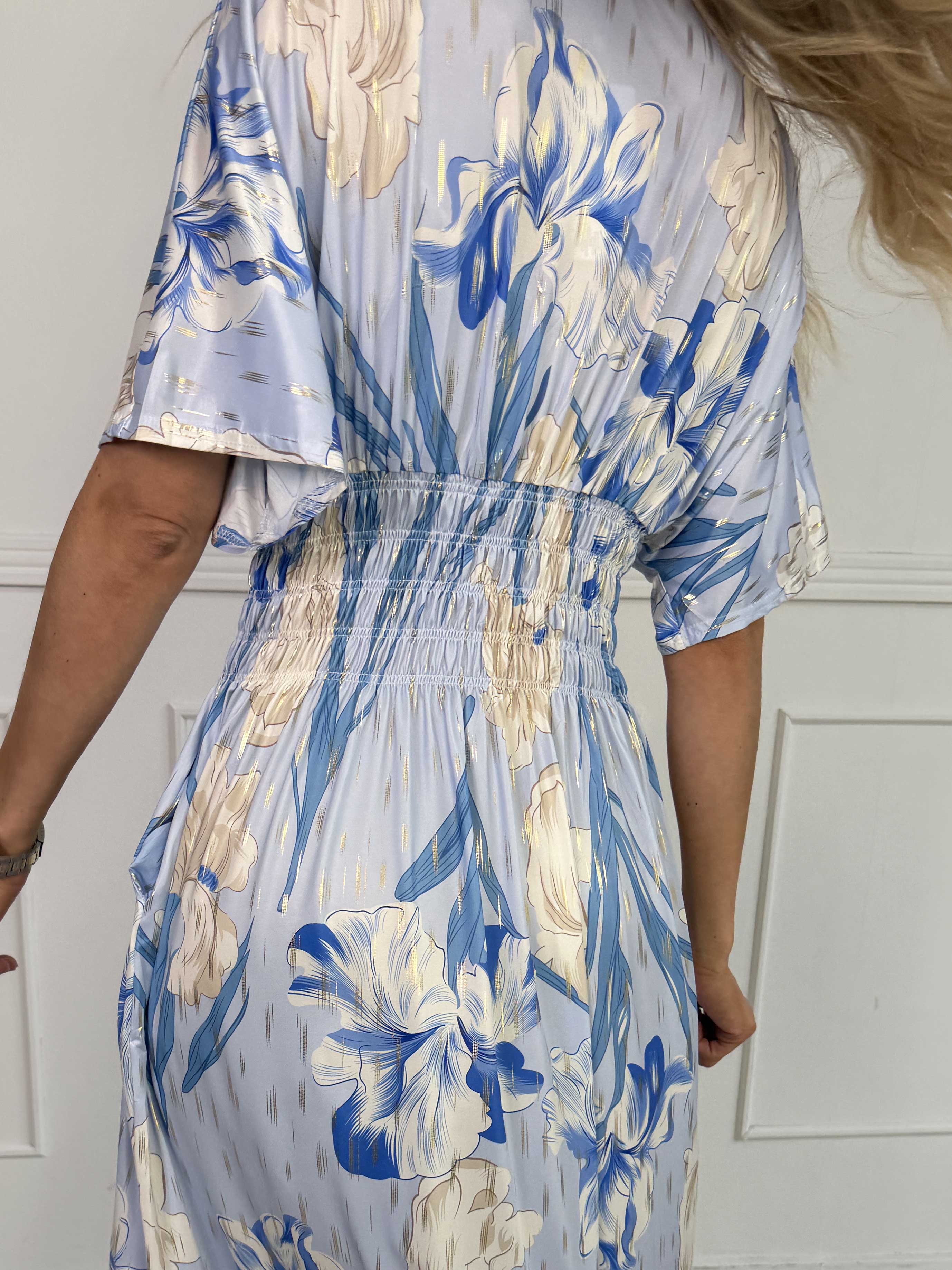 Pams Kvitka - Lång, stretchig blommig klänning med gulddetaljer och fickor