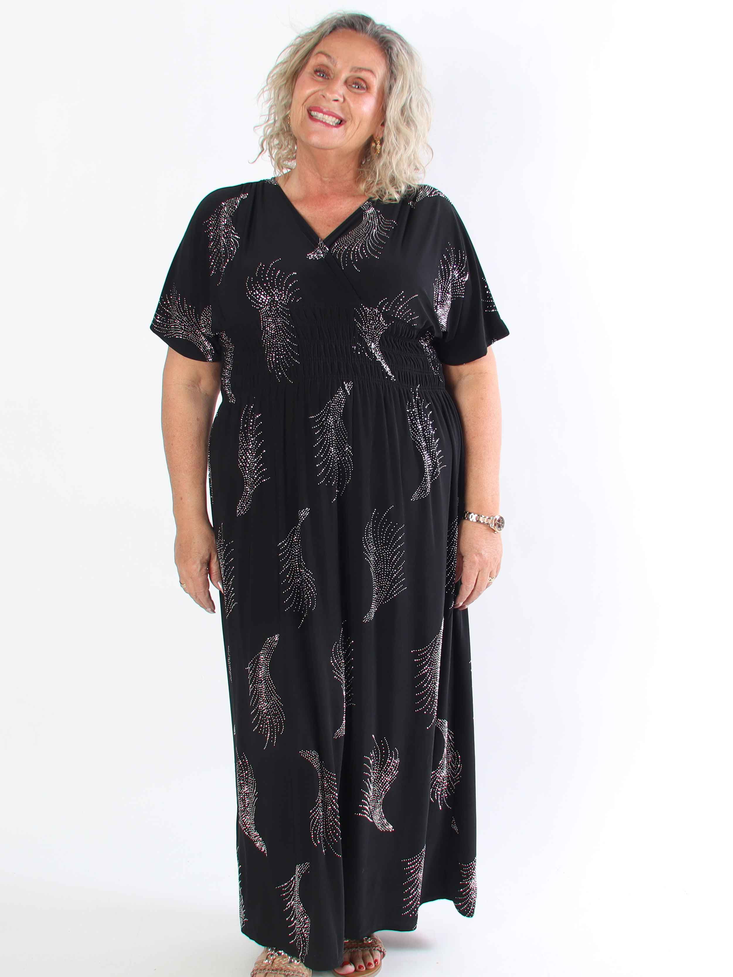 Pams Leaf Crystal - Lång stretch plus size klänning med strassmönster