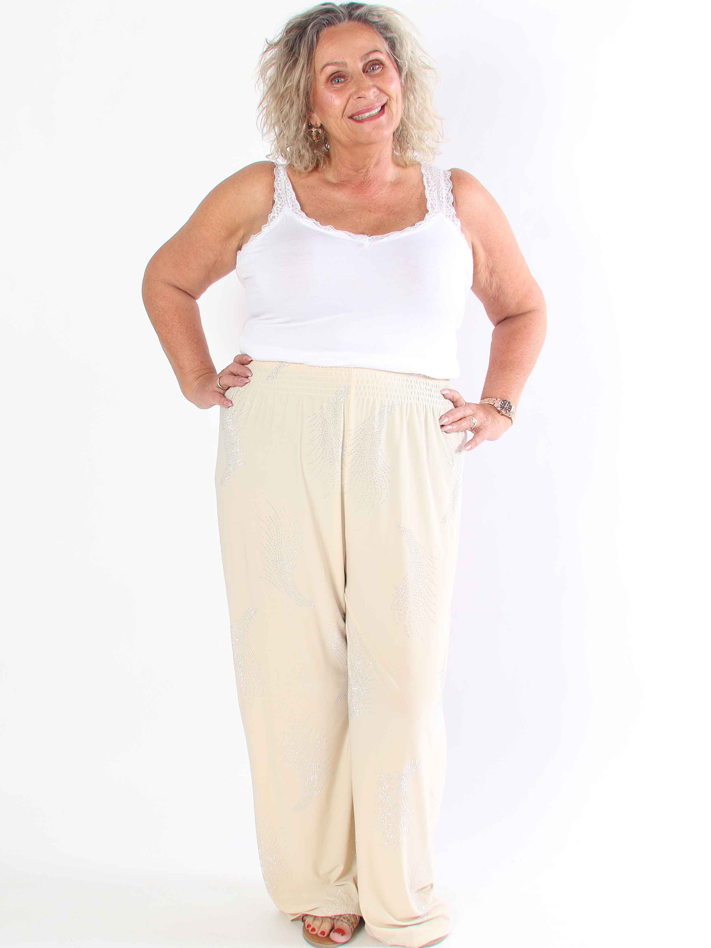 Pams Leaf Crystal Pants - Lösa elastiska byxor med strass