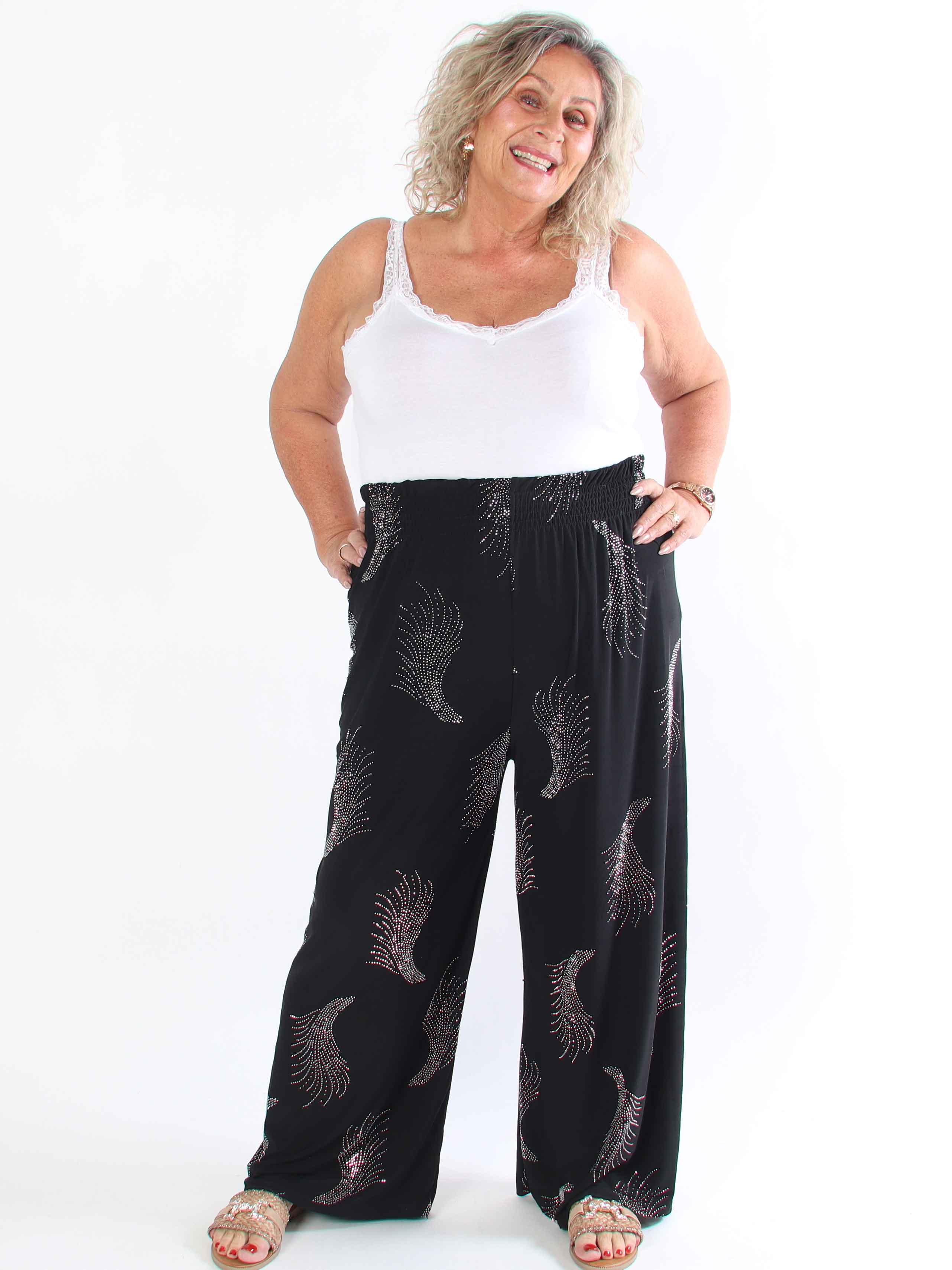 Pams Leaf Crystal Pants - Lösa elastiska byxor med strass