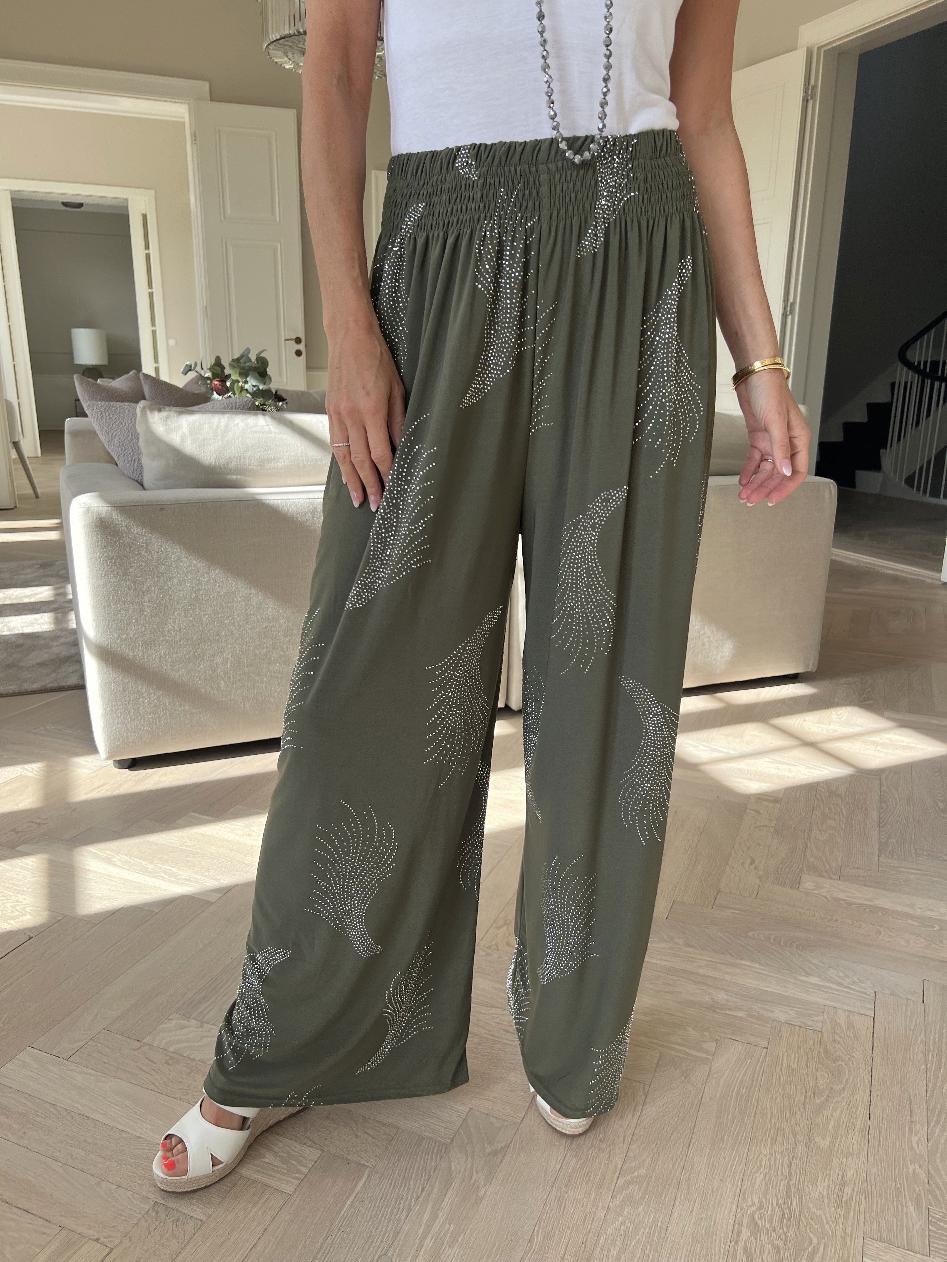 Pams Leaf Crystal Pants - Lösa elastiska byxor med strass