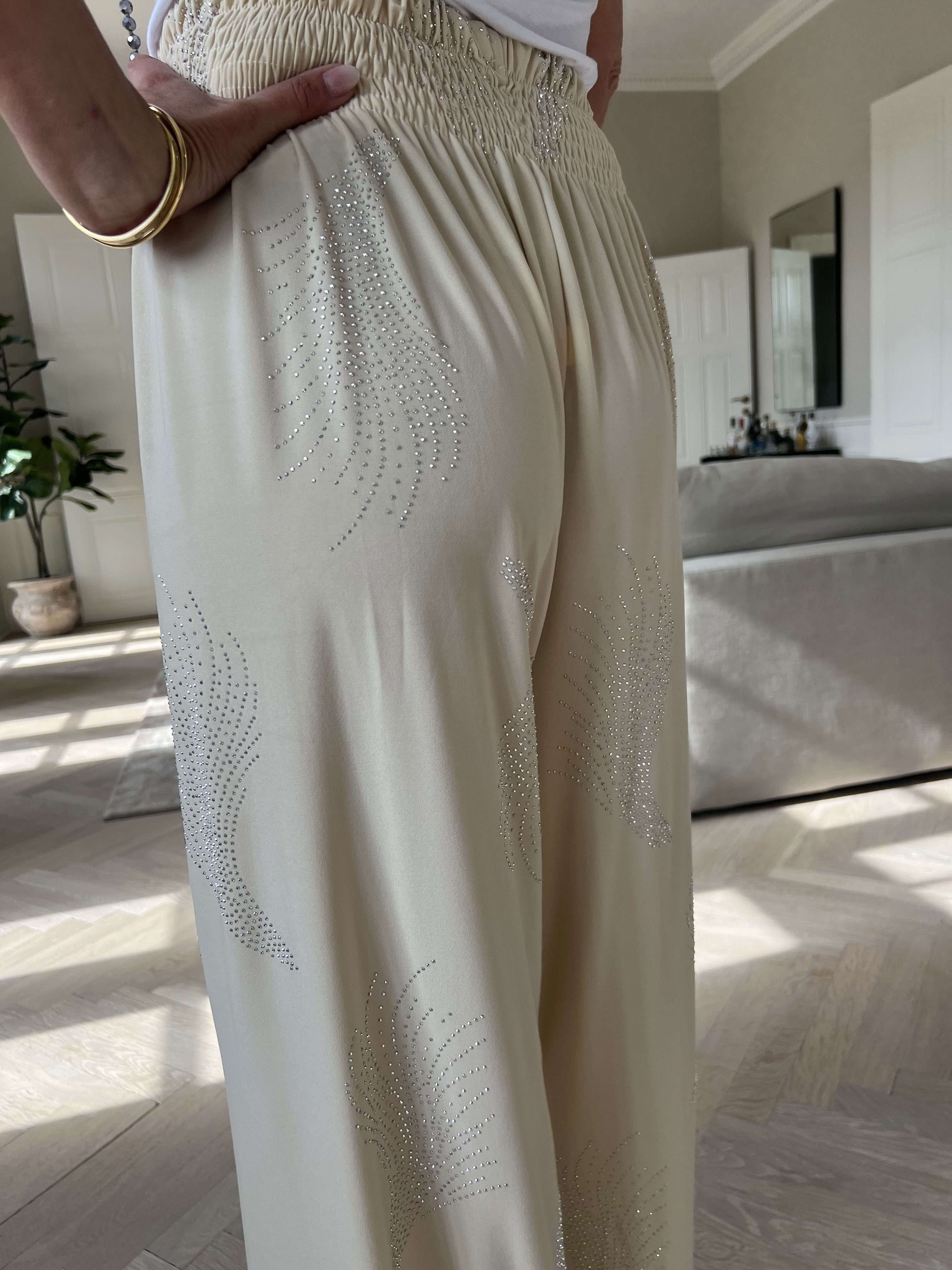 Pams Leaf Crystal Pants - Lösa elastiska byxor med strass