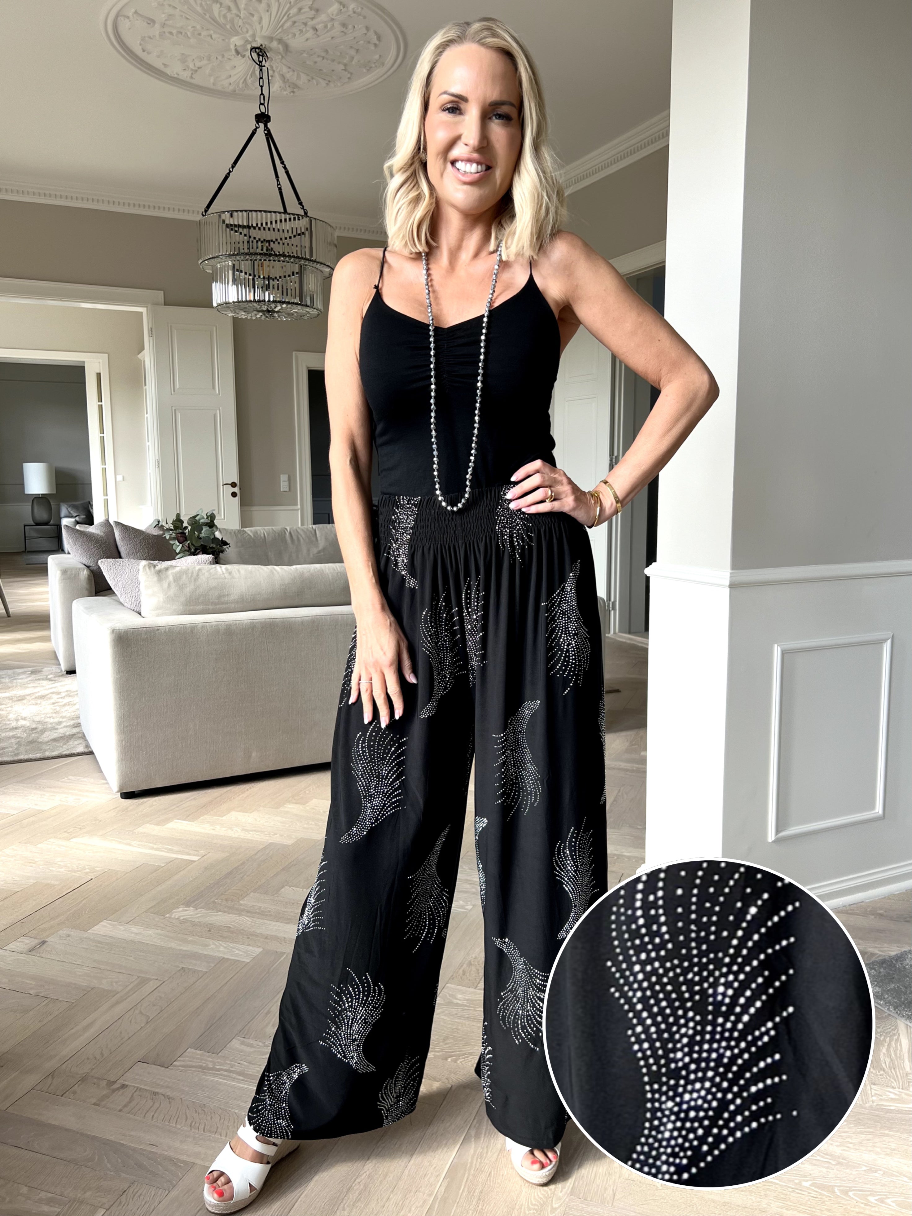 Pams Leaf Crystal Pants - Lösa elastiska byxor med strass